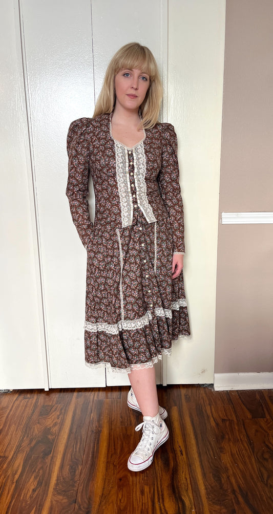 Vintage 1970’s "Gunne Sax by Jessica McClintock" Brown Calico Top & Skirt Set