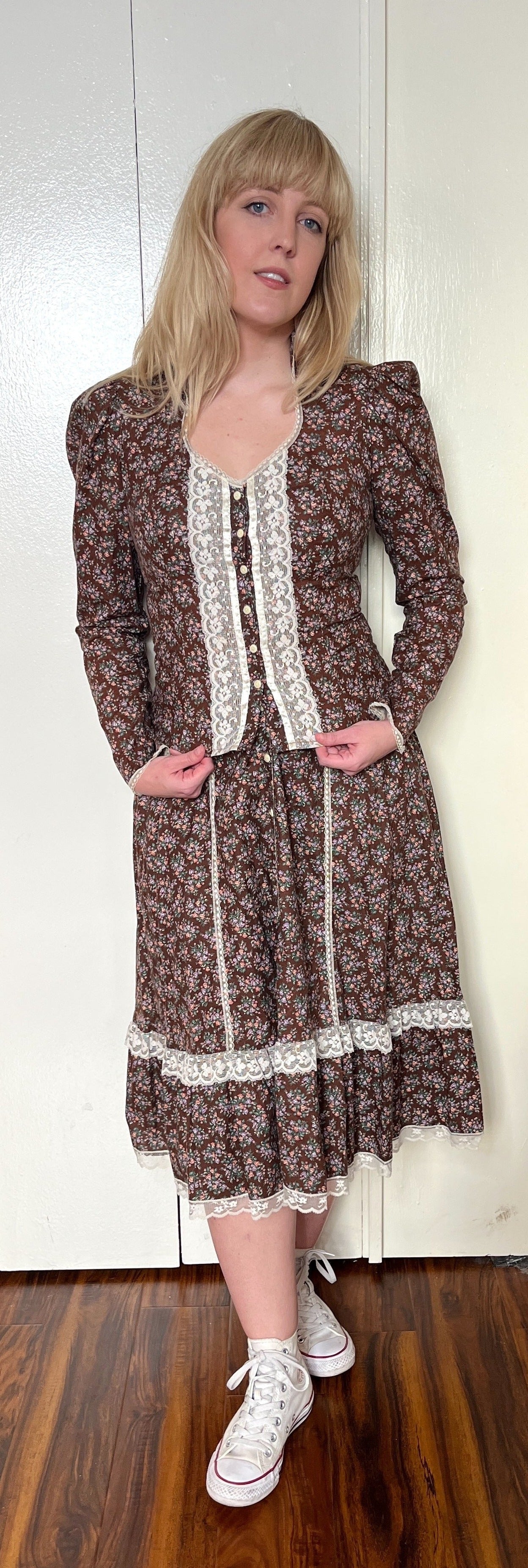 Vintage 1970’s "Gunne Sax by Jessica McClintock" Brown Calico Top & Skirt Set