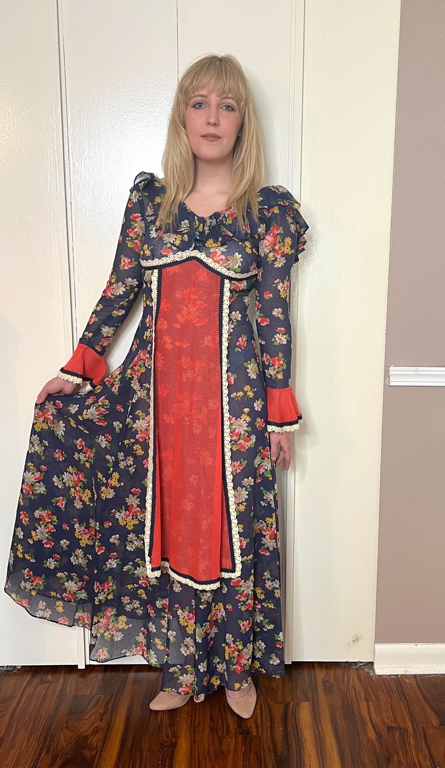 Vintage 1960’s "Gunne Sax of California" (Black Label) Blue & Red Floral Maxi Dress