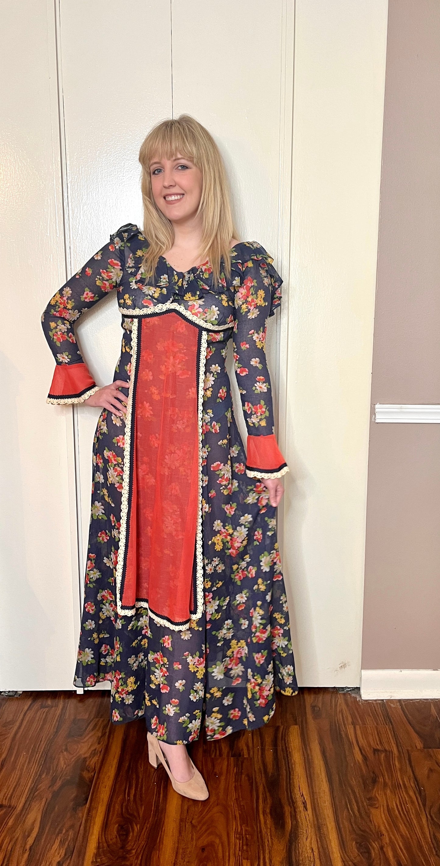 Vintage 1960’s "Gunne Sax of California" (Black Label) Blue & Red Floral Maxi Dress