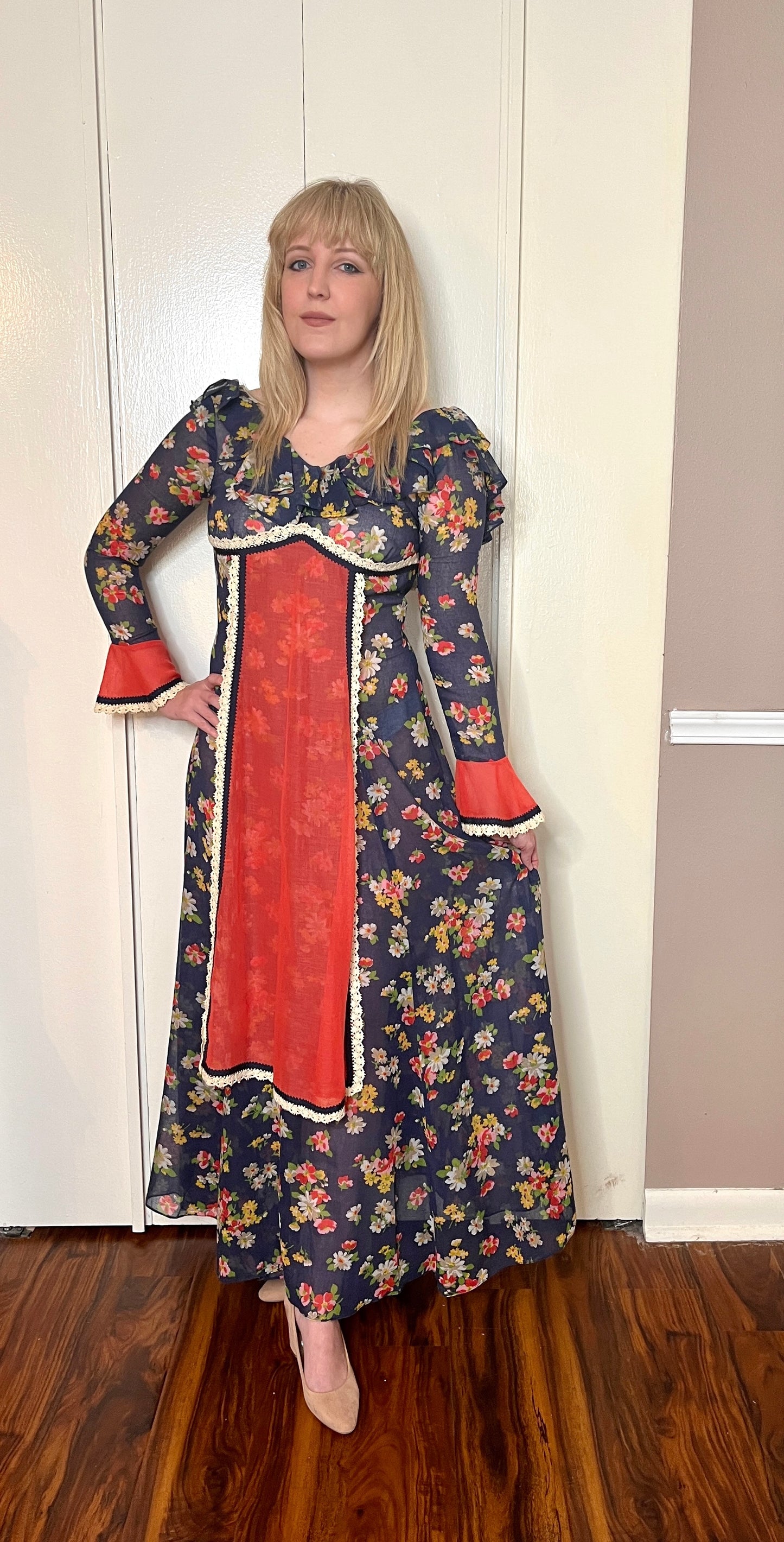 Vintage 1960’s "Gunne Sax of California" (Black Label) Blue & Red Floral Maxi Dress
