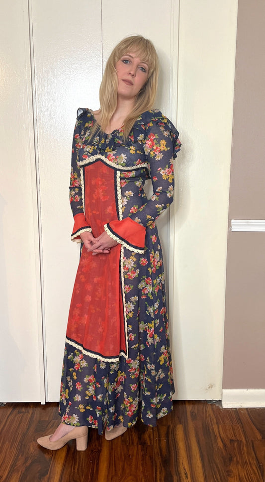 Vintage 1960’s "Gunne Sax of California" (Black Label) Blue & Red Floral Maxi Dress