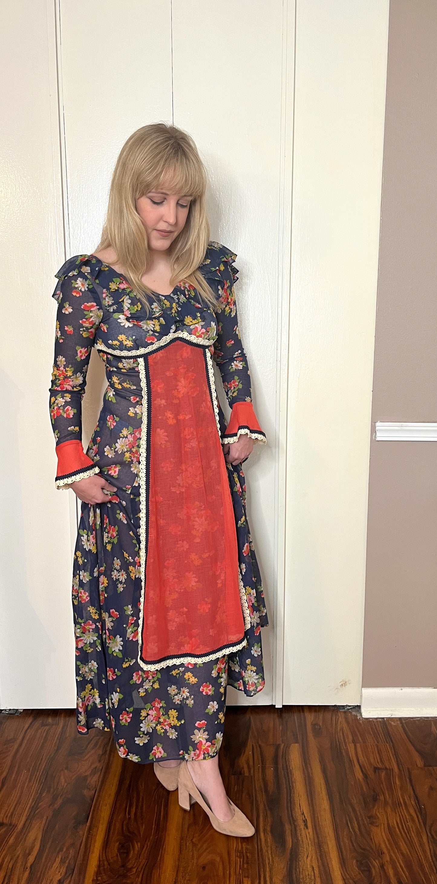 Vintage 1960’s "Gunne Sax of California" (Black Label) Blue & Red Floral Maxi Dress
