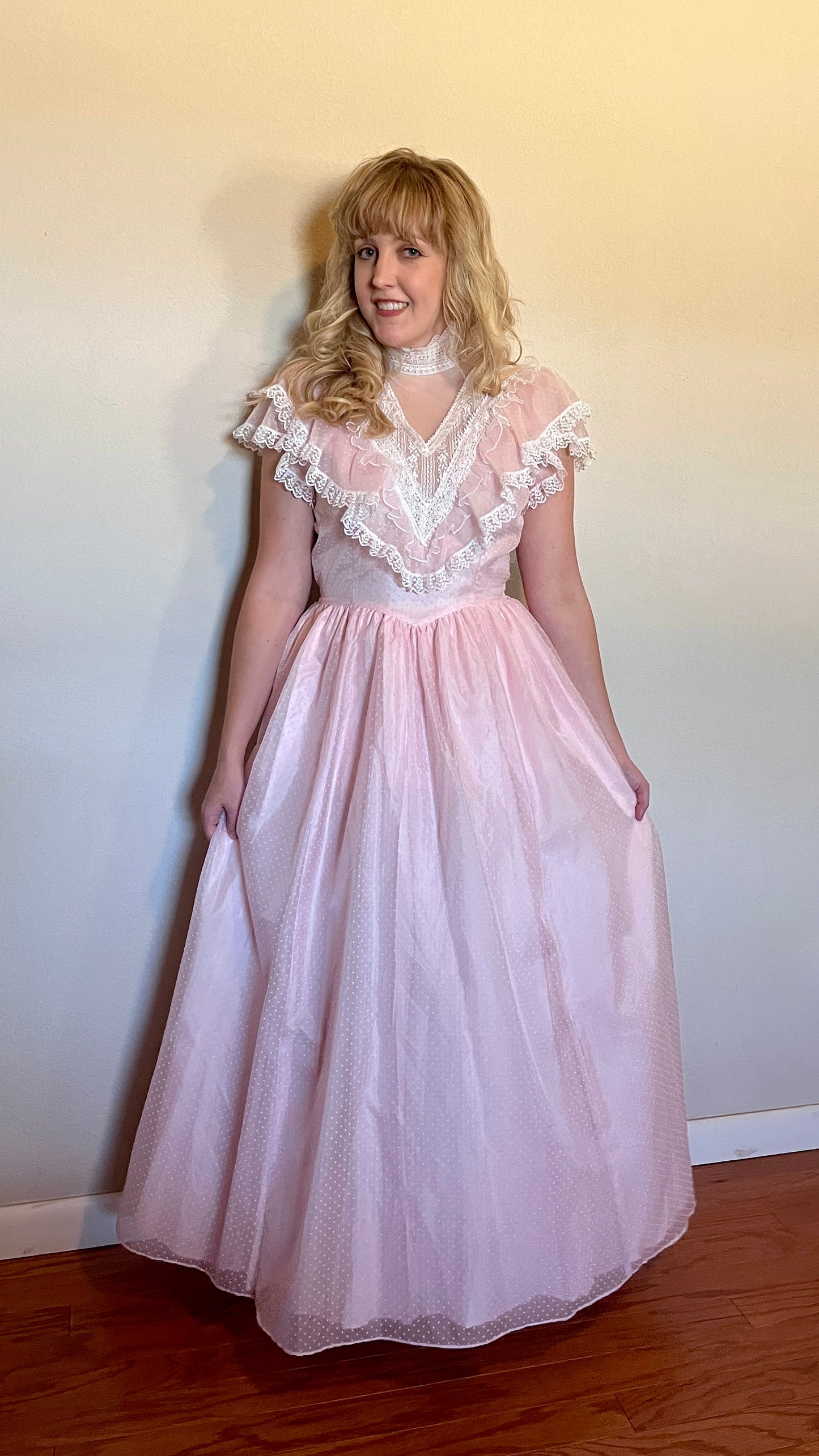 Vintage 1980’s "Gunne Sax by Jessica McClintock" Light Pink Swiss Dot & Lace Ballgown