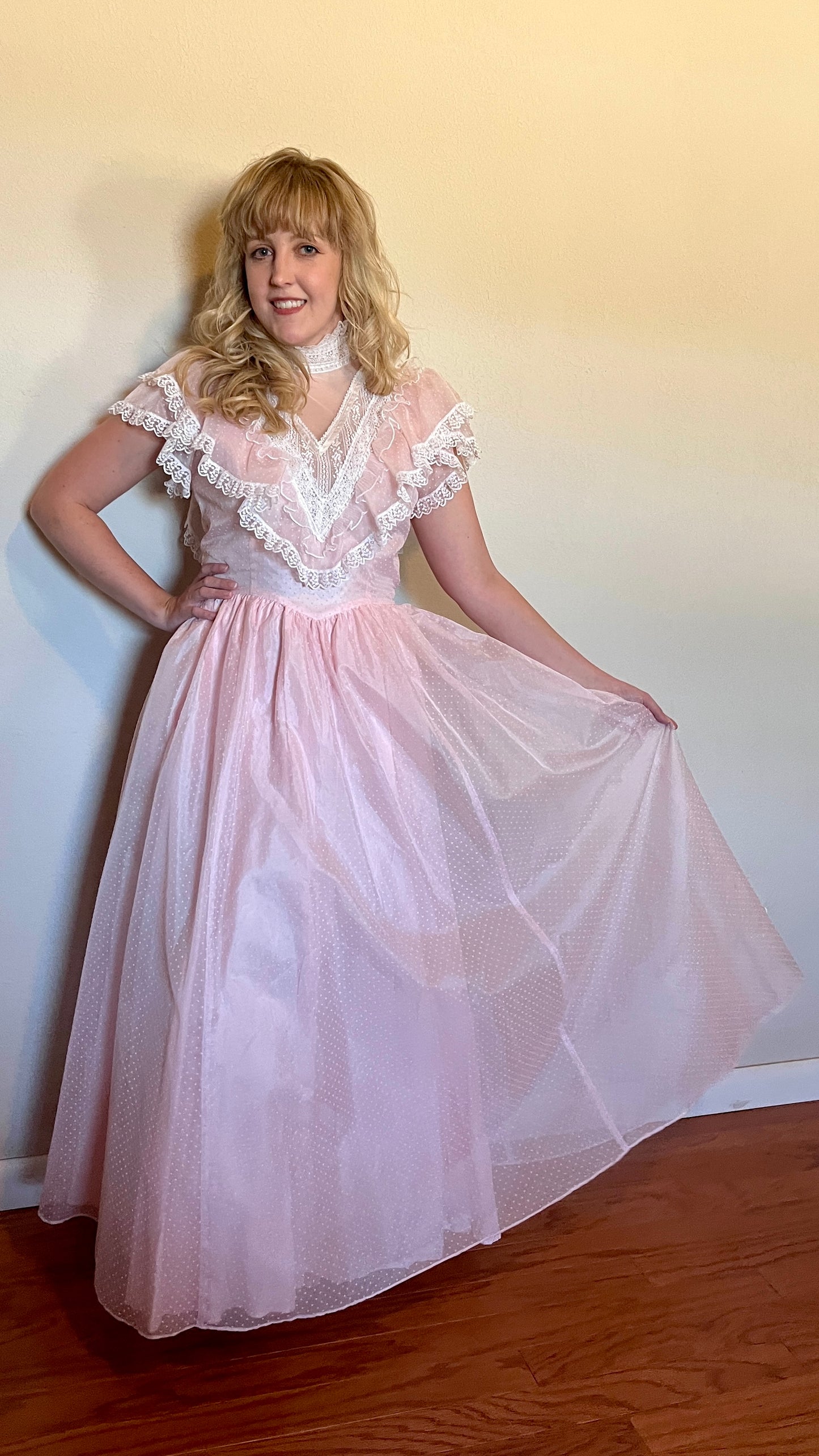 Vintage 1980’s "Gunne Sax by Jessica McClintock" Light Pink Swiss Dot & Lace Ballgown
