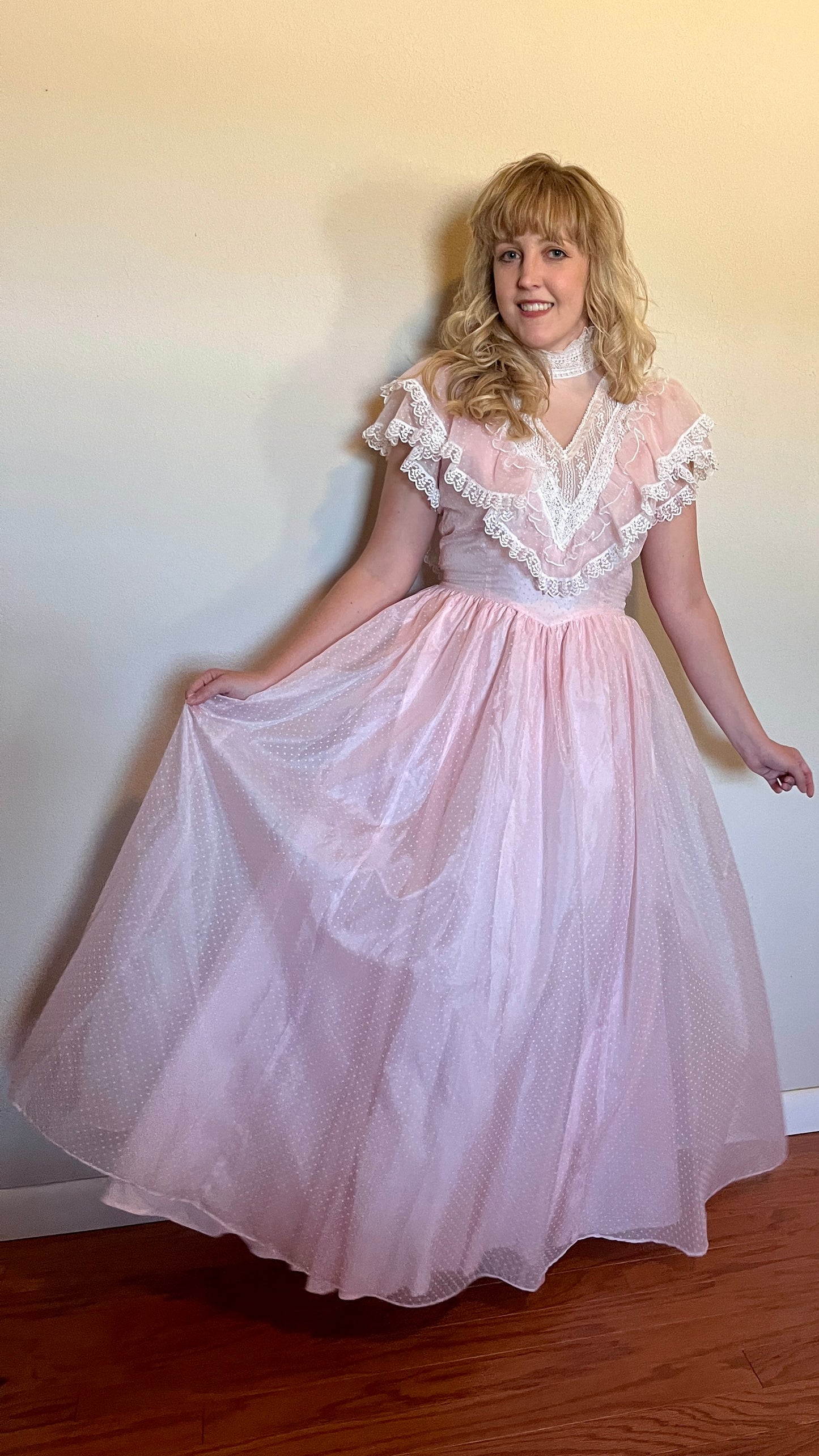 Vintage 1980’s "Gunne Sax by Jessica McClintock" Light Pink Swiss Dot & Lace Ballgown