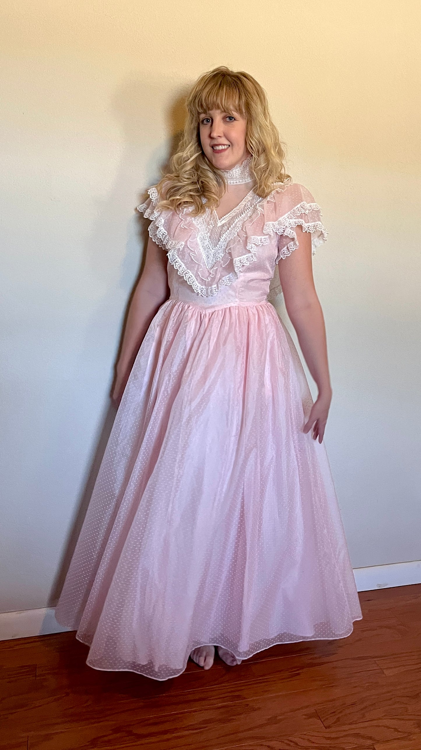 Vintage 1980’s "Gunne Sax by Jessica McClintock" Light Pink Swiss Dot & Lace Ballgown