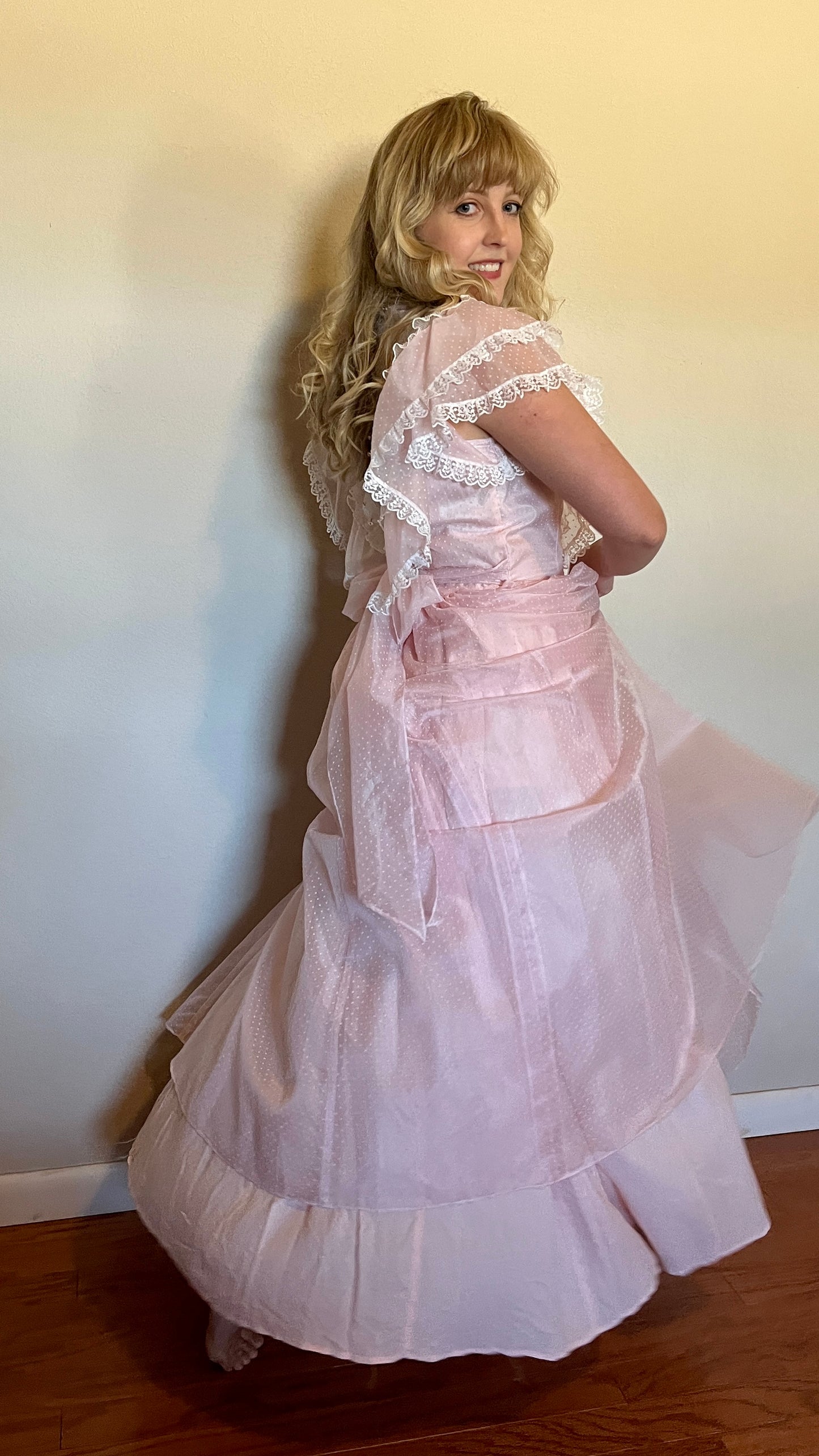 Vintage 1980’s "Gunne Sax by Jessica McClintock" Light Pink Swiss Dot & Lace Ballgown