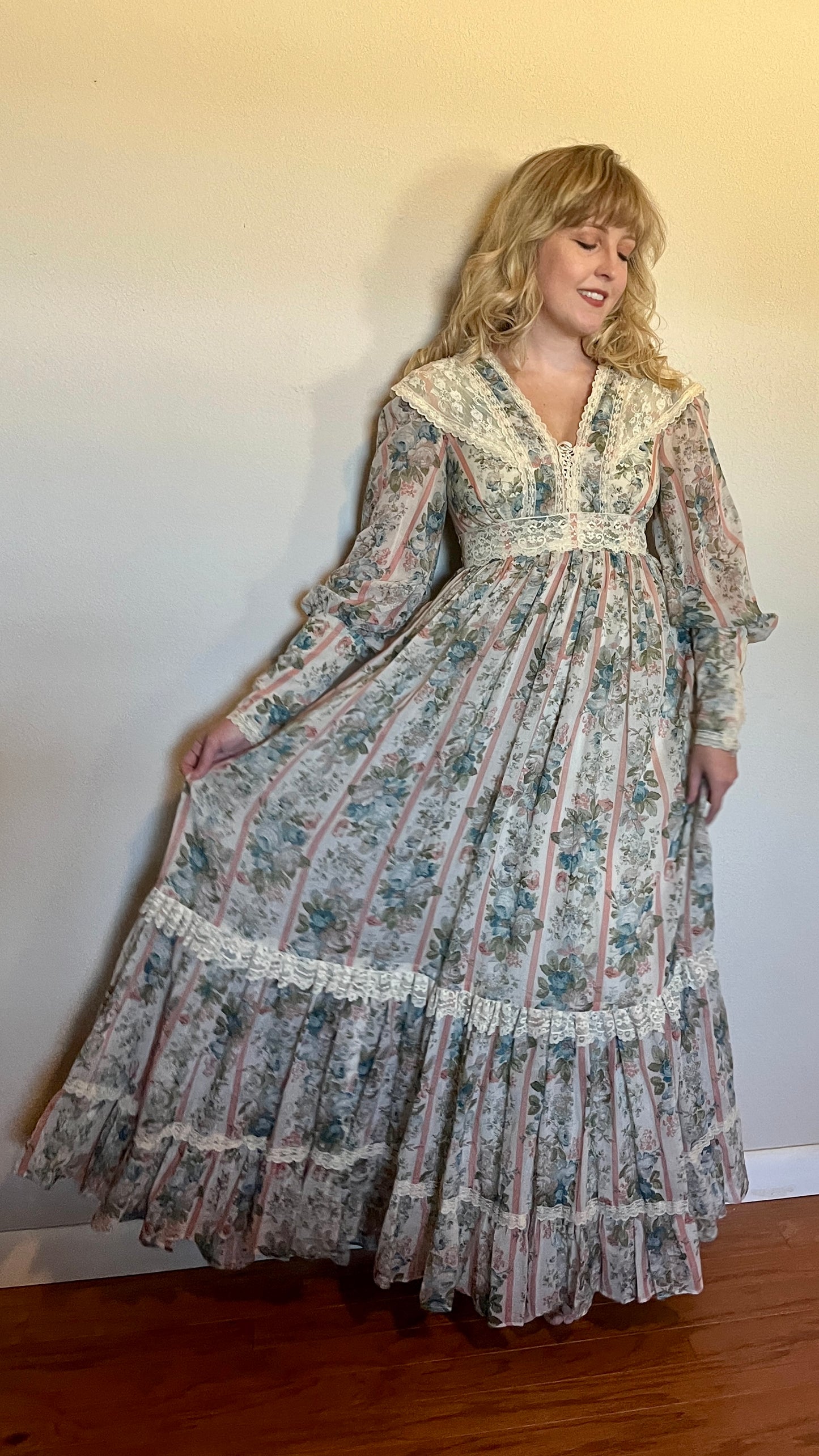 Vintage 1970’s Gunne Sax by Jessica McClintock Blue, Pink & Ivory Floral & Lace Long Sleeve Maxi Dress