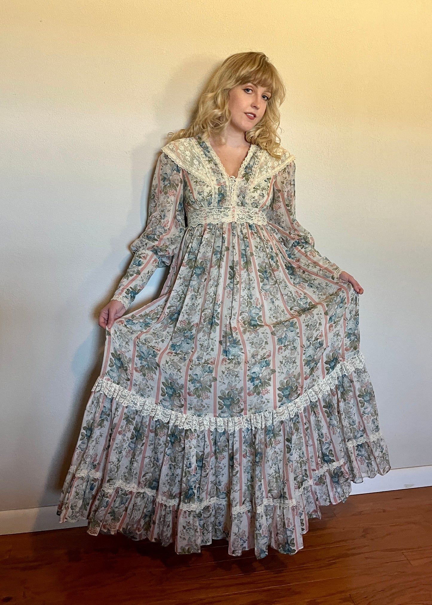 Vintage 1970’s Gunne Sax by Jessica McClintock Blue, Pink & Ivory Floral & Lace Long Sleeve Maxi Dress