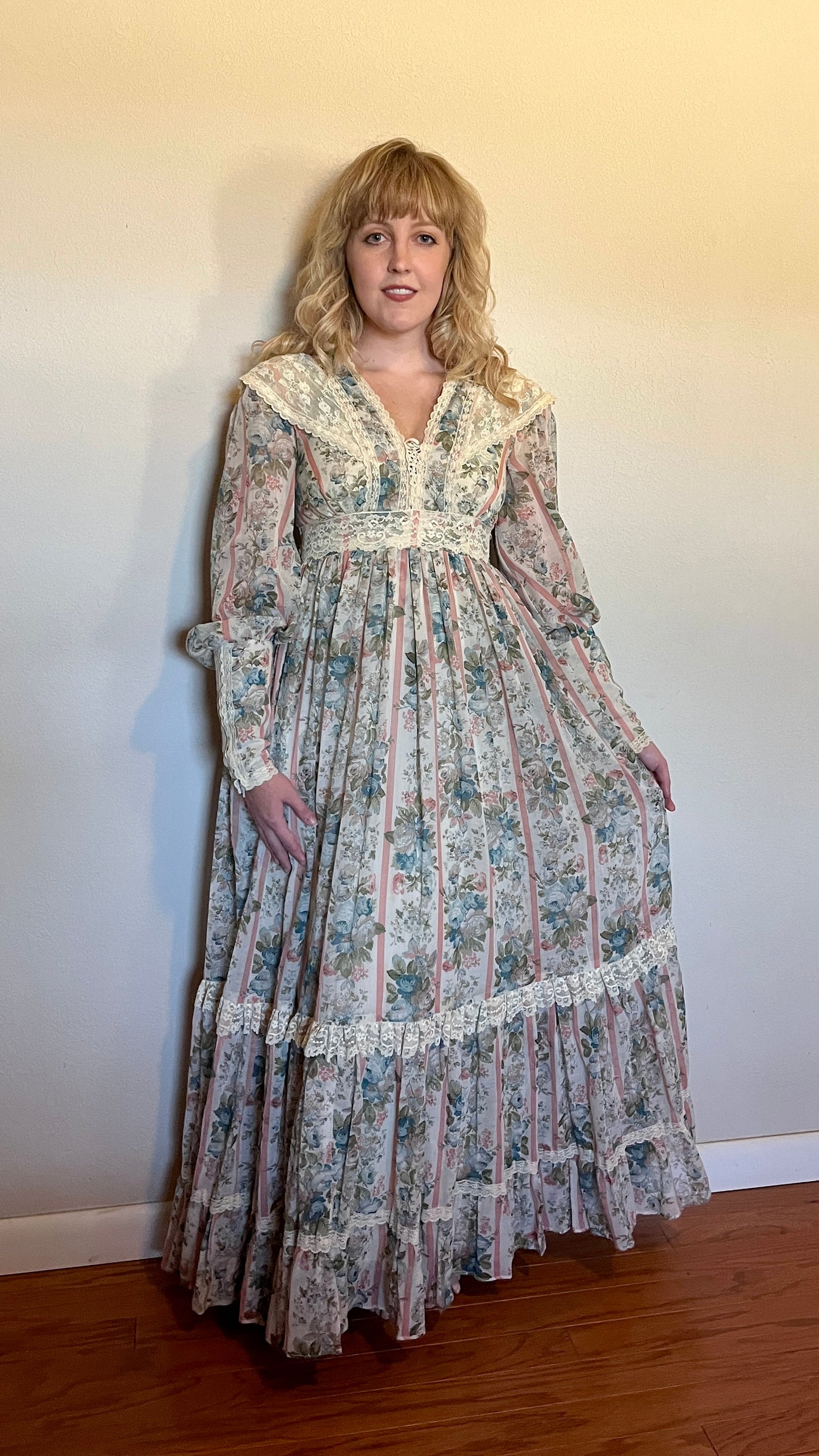 Vintage 1970’s Gunne Sax by Jessica McClintock Blue, Pink & Ivory Floral & Lace Long Sleeve Maxi Dress