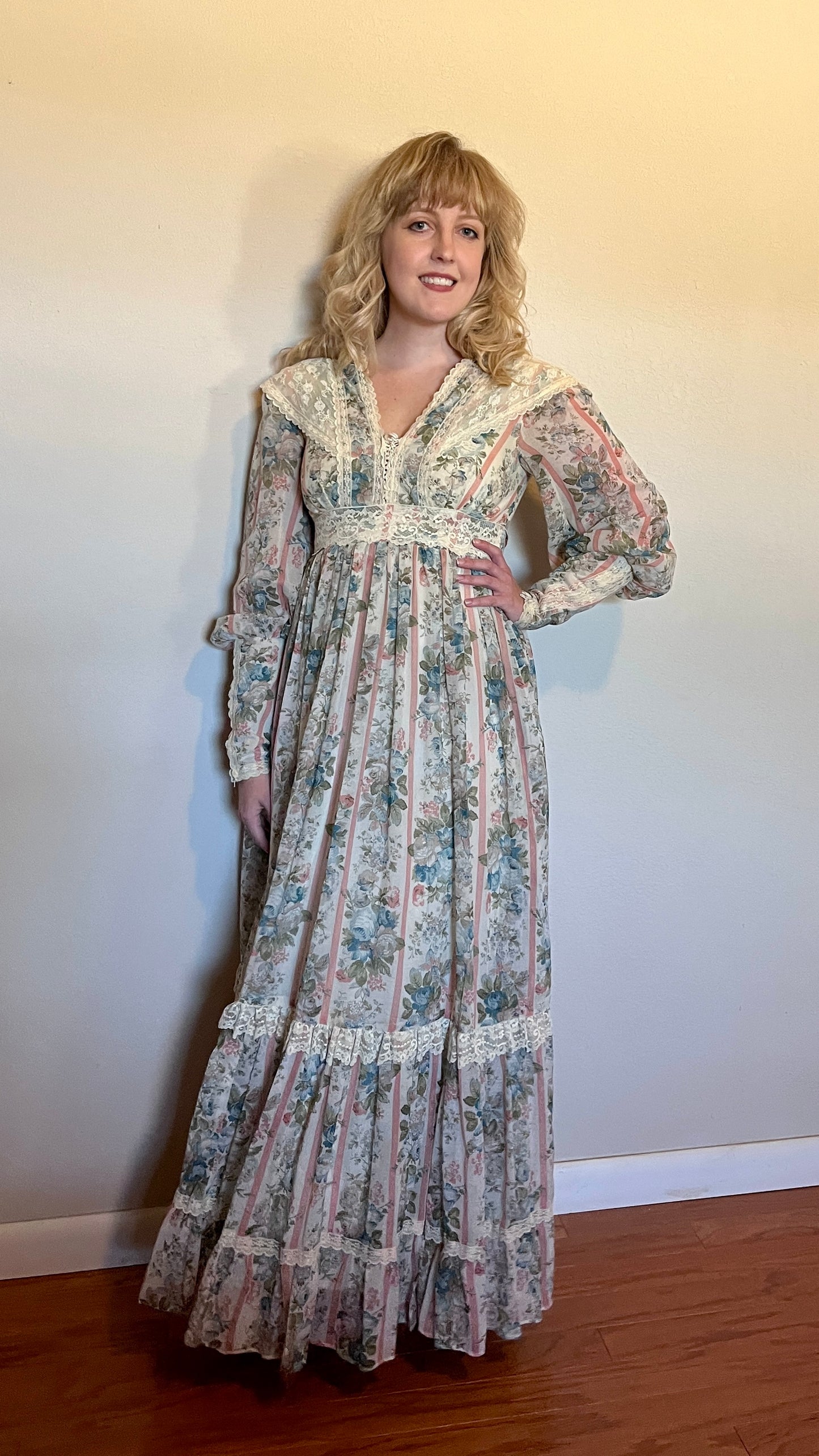 Vintage 1970’s Gunne Sax by Jessica McClintock Blue, Pink & Ivory Floral & Lace Long Sleeve Maxi Dress