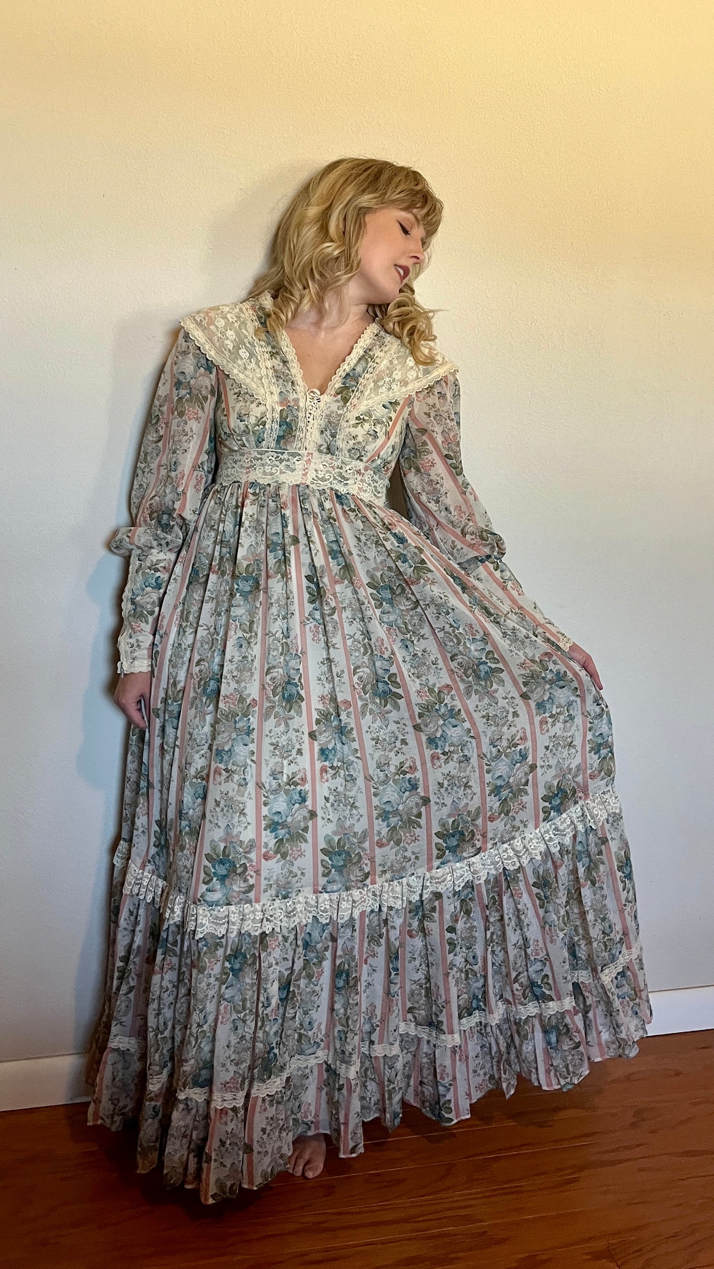 Vintage 1970’s Gunne Sax by Jessica McClintock Blue, Pink & Ivory Floral & Lace Long Sleeve Maxi Dress