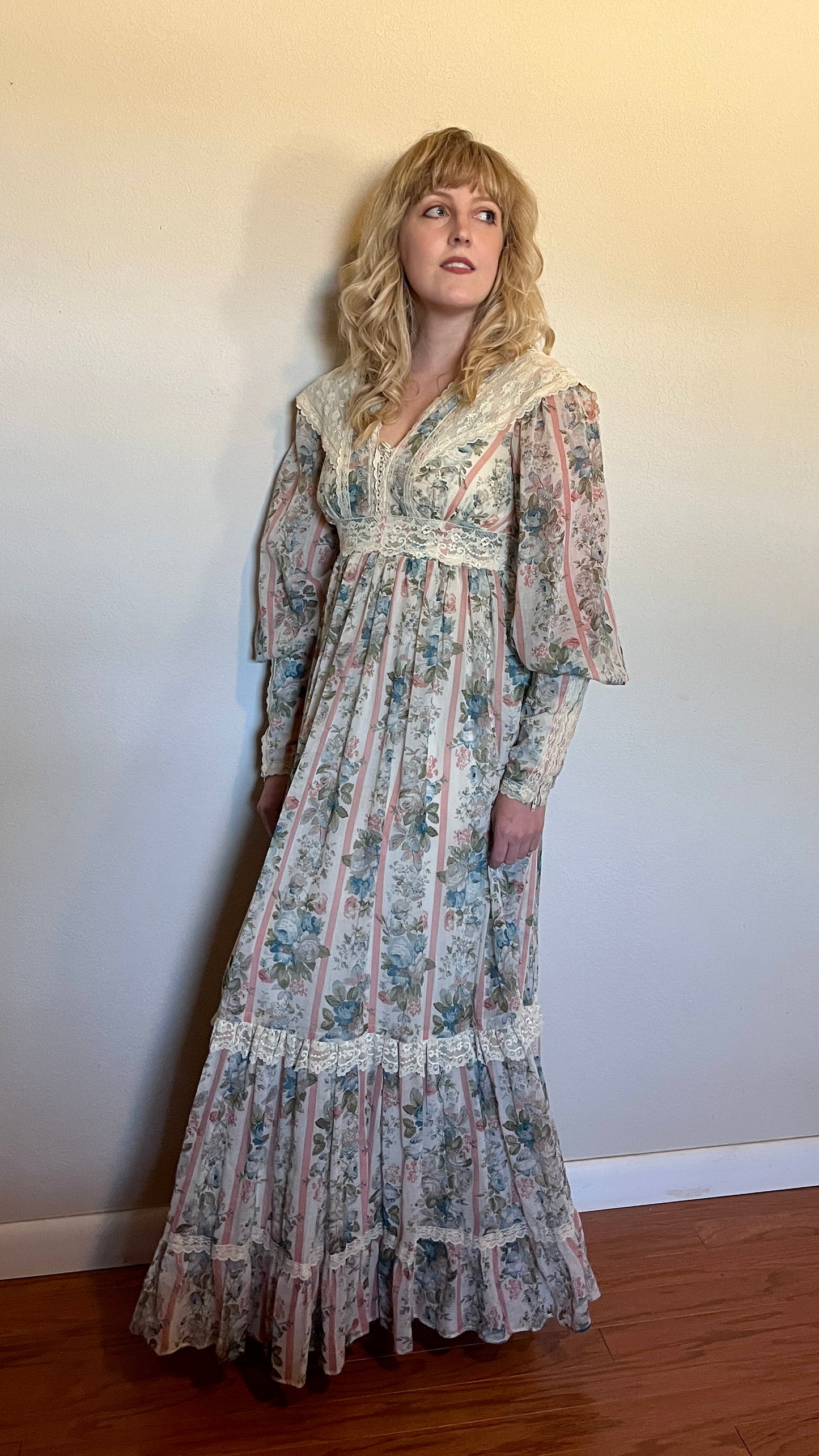 Vintage 1970’s Gunne Sax by Jessica McClintock Blue, Pink & Ivory Floral & Lace Long Sleeve Maxi Dress
