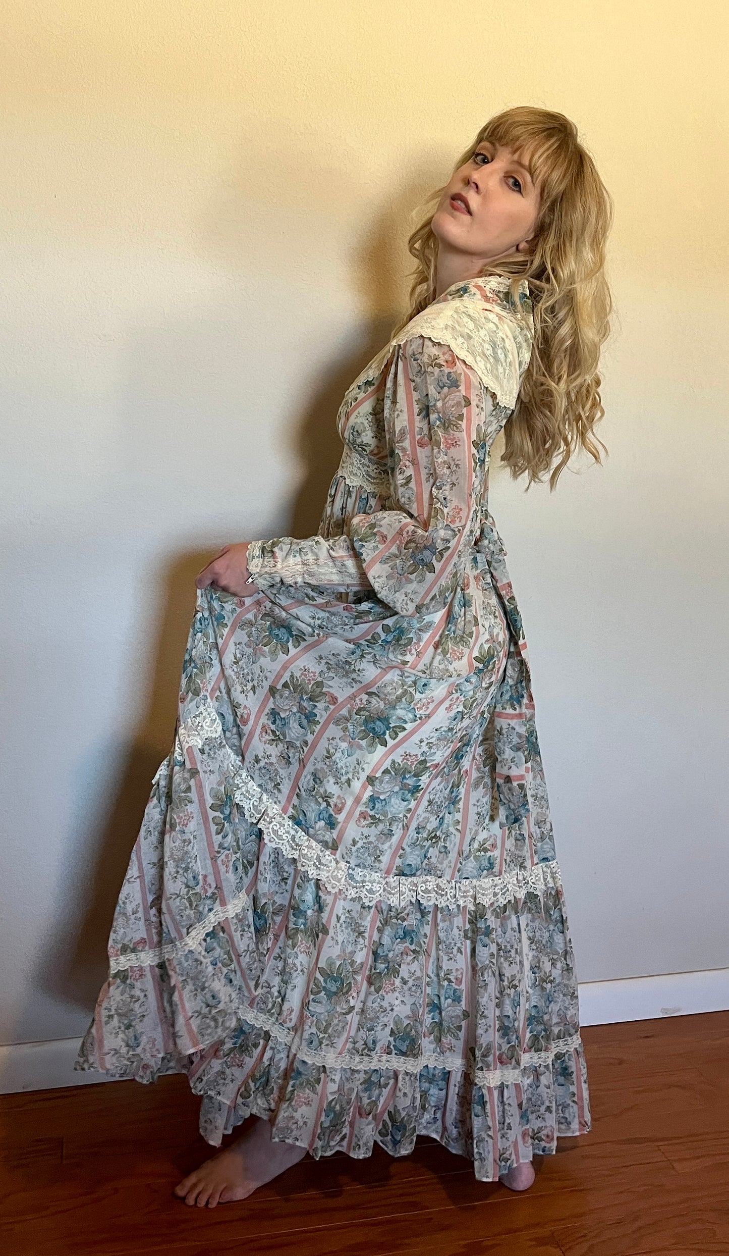 Vintage 1970’s Gunne Sax by Jessica McClintock Blue, Pink & Ivory Floral & Lace Long Sleeve Maxi Dress