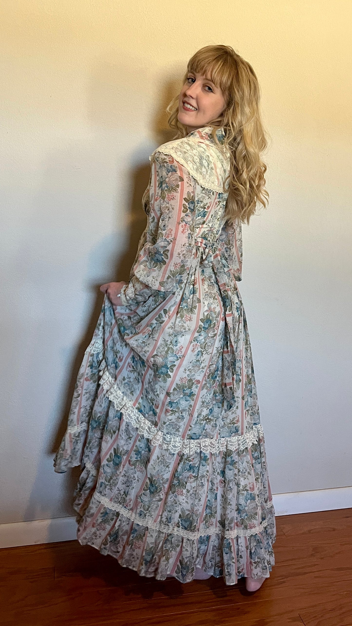 Vintage 1970’s Gunne Sax by Jessica McClintock Blue, Pink & Ivory Floral & Lace Long Sleeve Maxi Dress