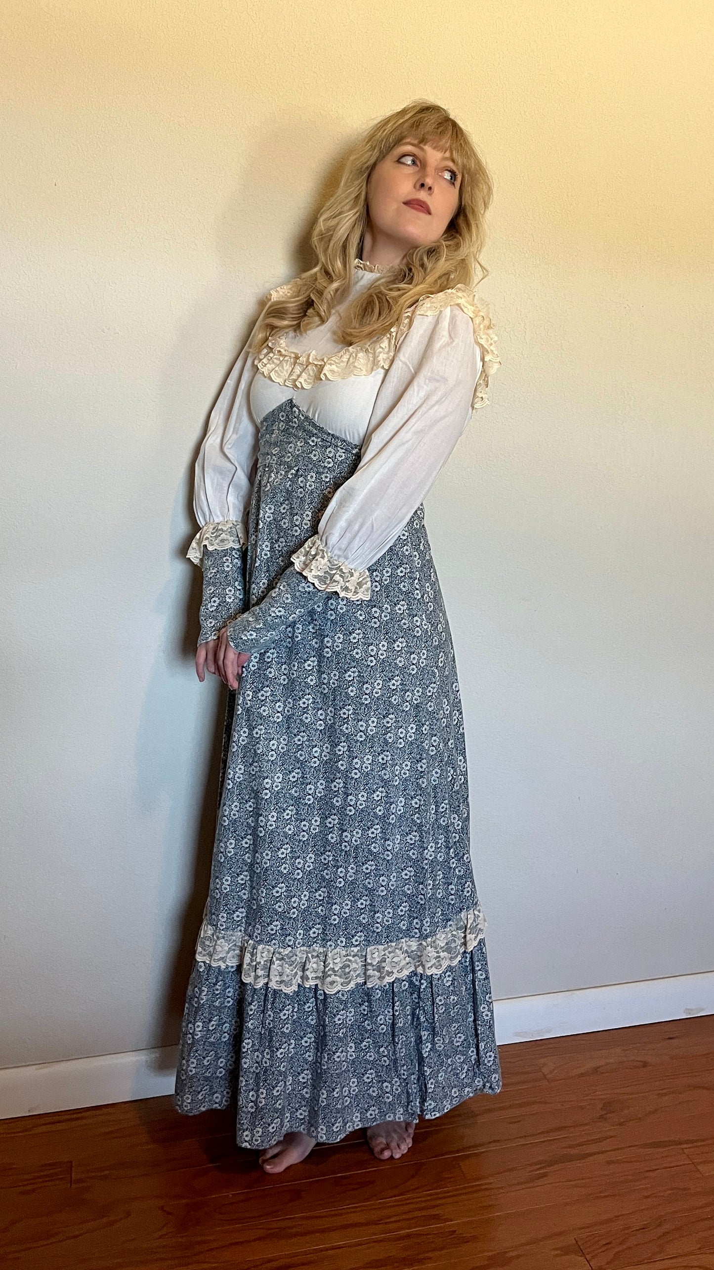Vintage 1960’s "Gunne Sax by Jessica McClintock" White & Blue Floral Maxi Dress