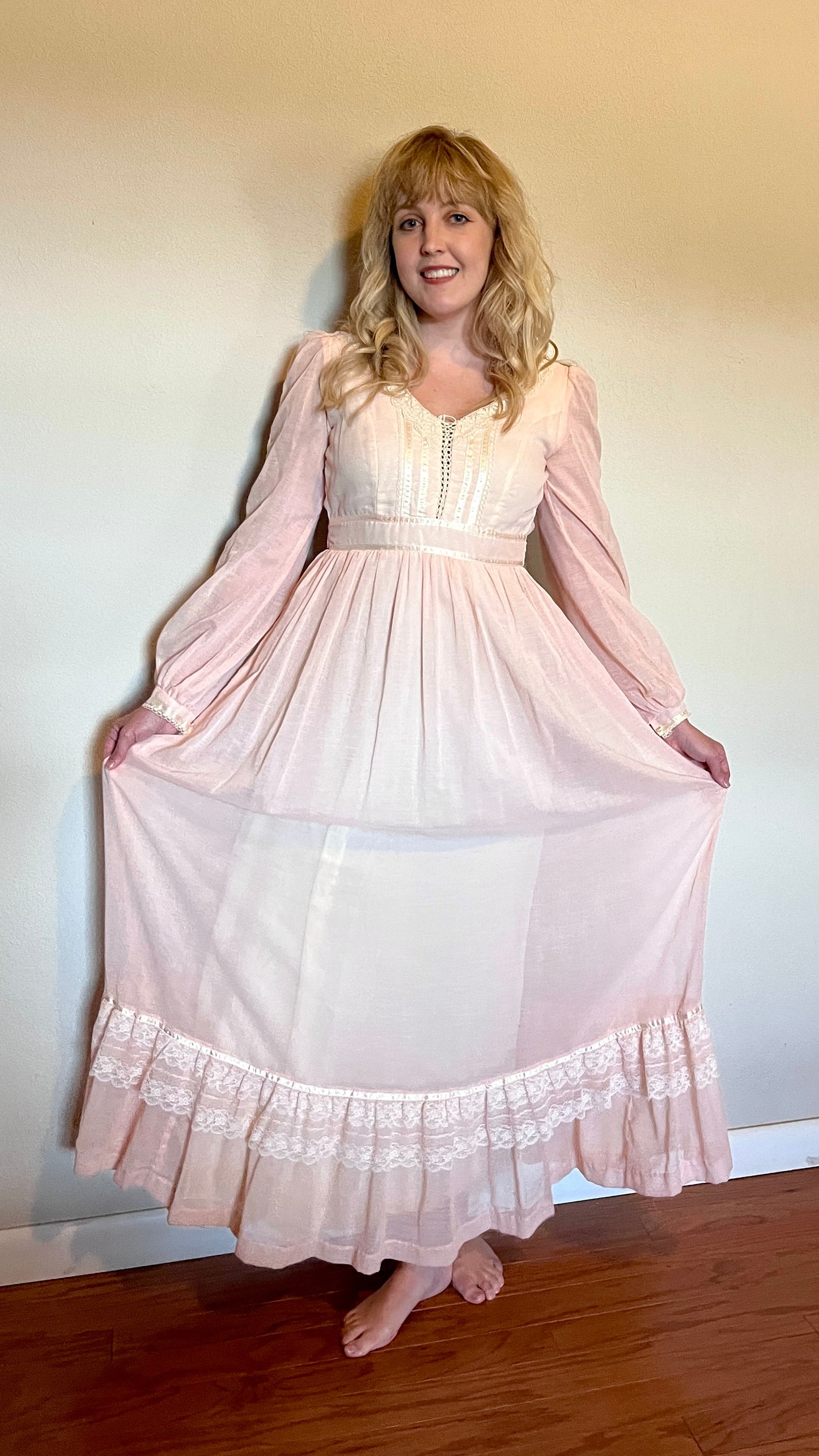 Vintage 1970’s "Gunne Sax by Jessica McClintock" Baby Pink Long Sleeve Maxi Dress