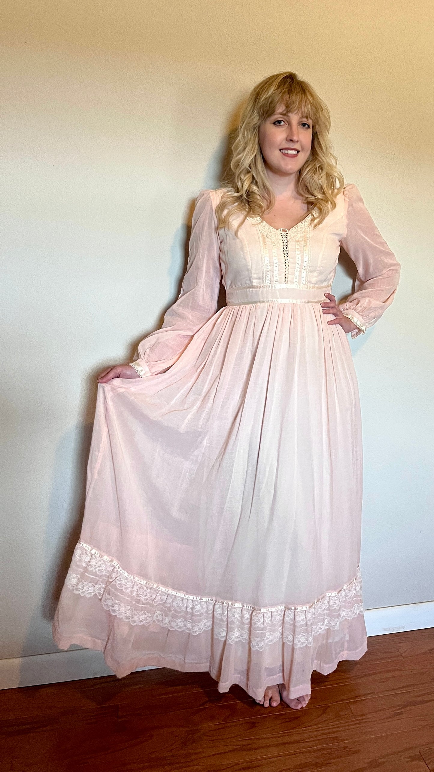 Vintage 1970’s "Gunne Sax by Jessica McClintock" Baby Pink Long Sleeve Maxi Dress