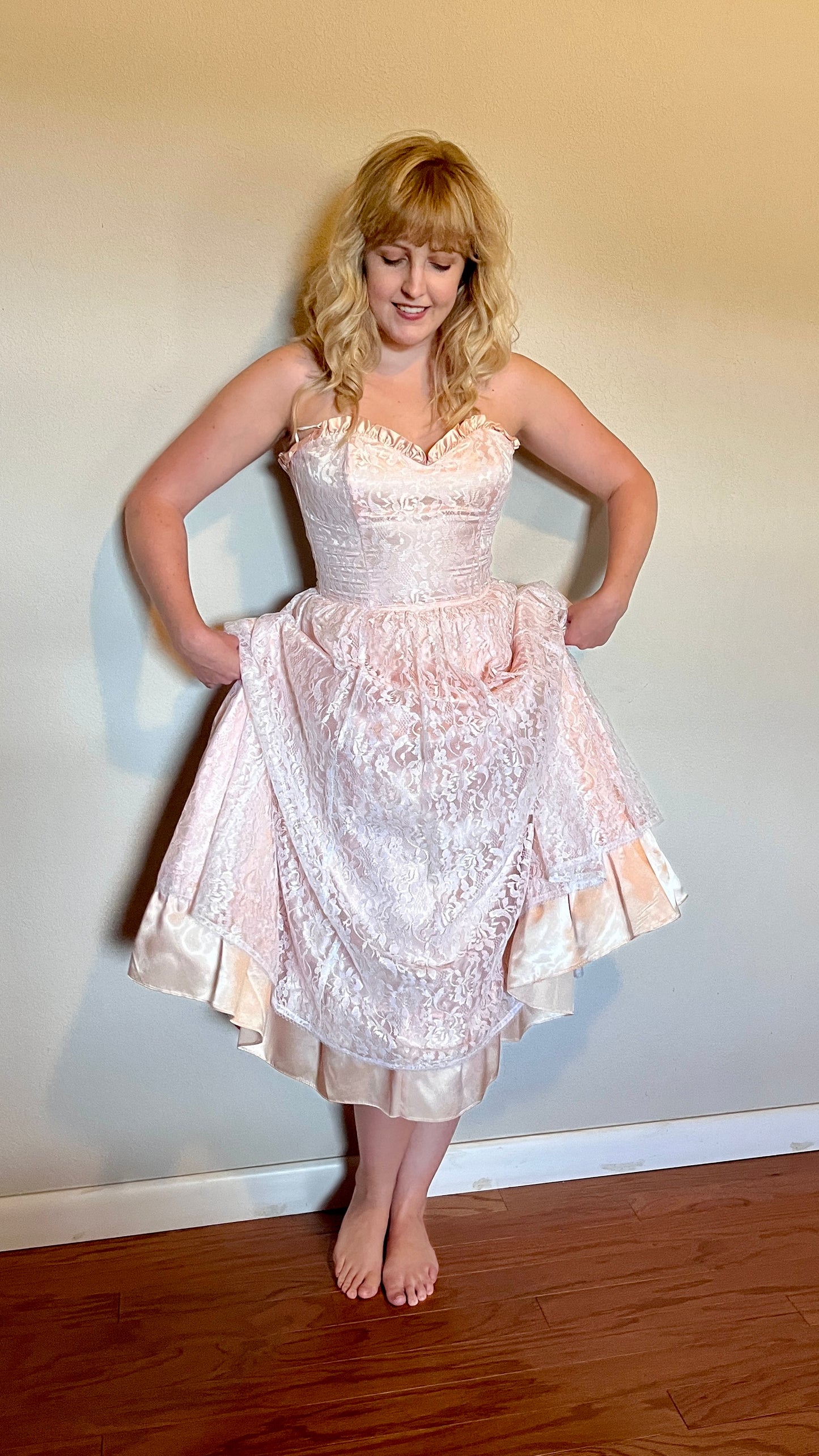Vintage 1980’s "Gunne Sax by Jessica McClintock" Light Pink Lace & Satin Strapless Tea Length Dress