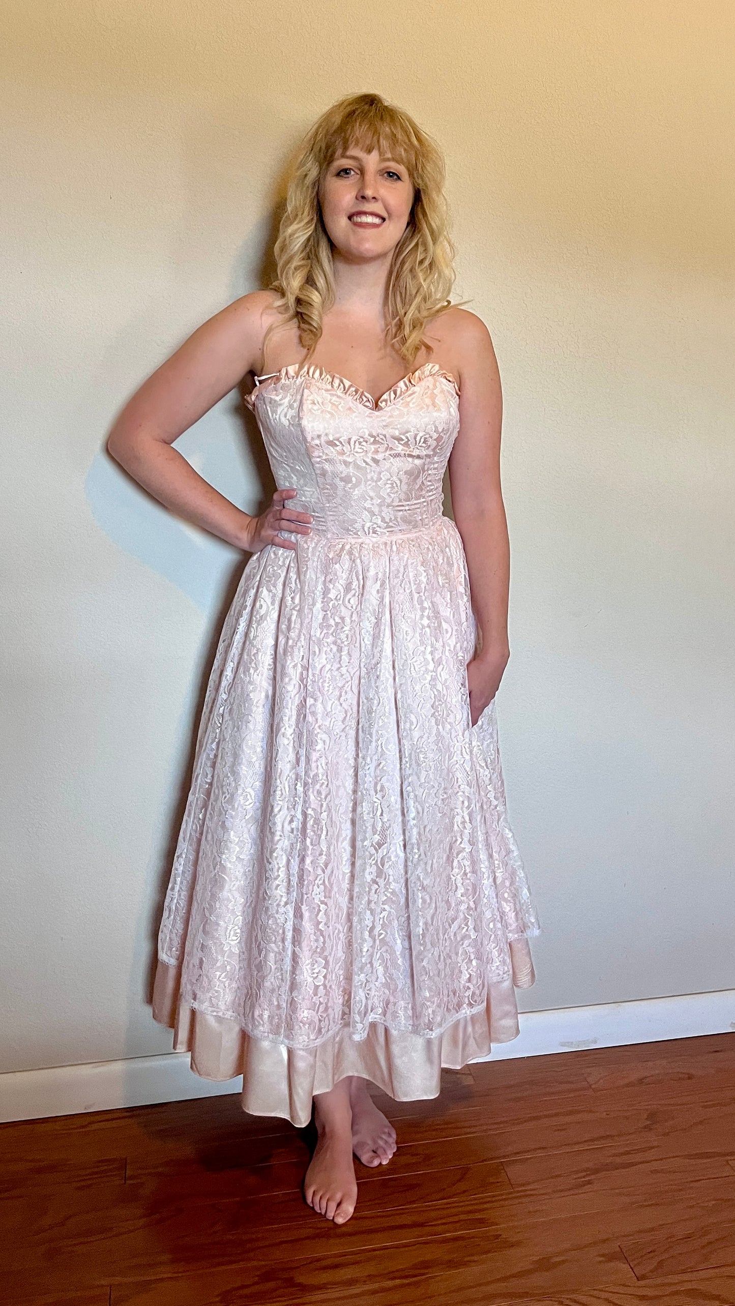 Vintage 1980’s "Gunne Sax by Jessica McClintock" Light Pink Lace & Satin Strapless Tea Length Dress
