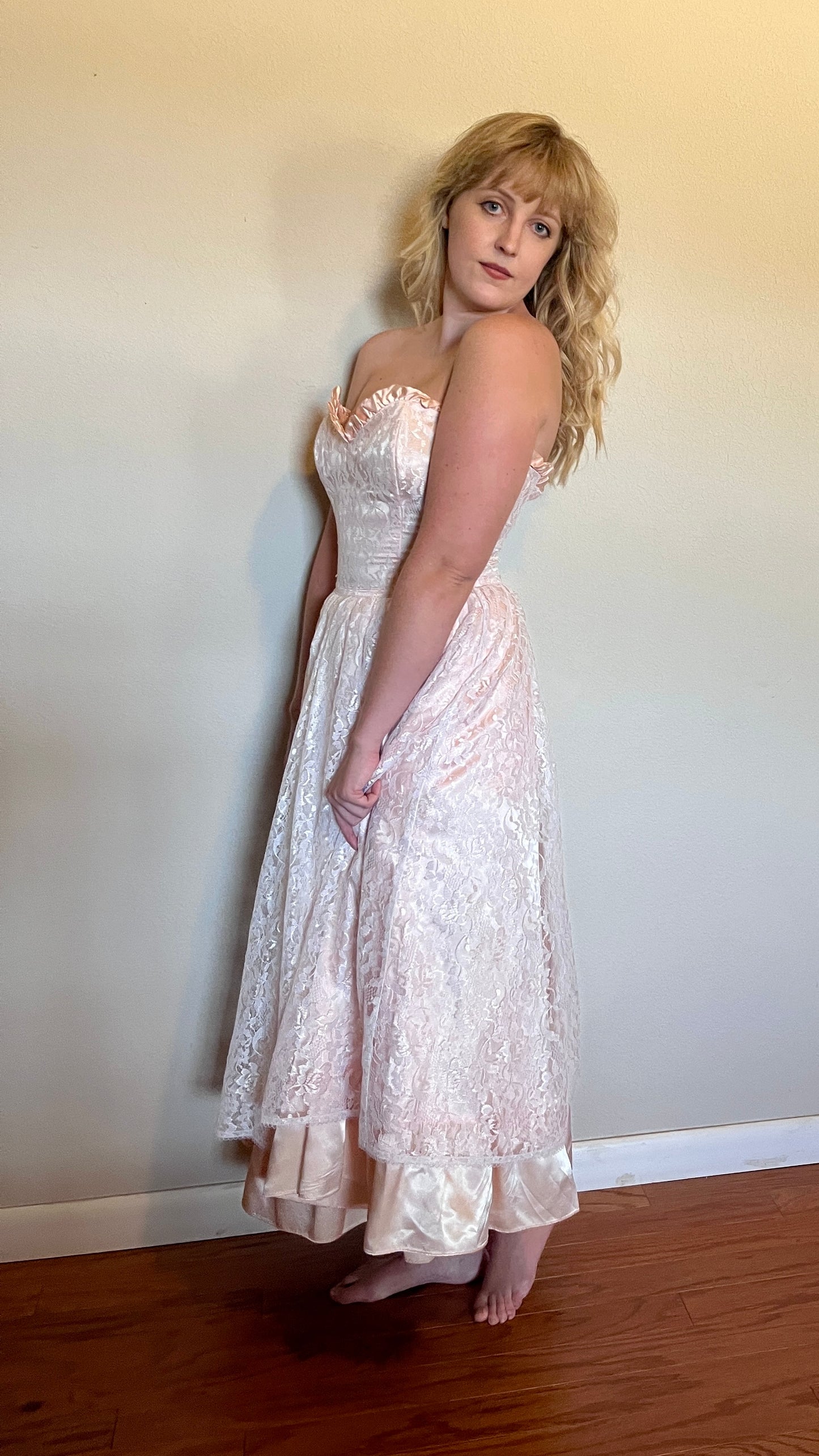 Vintage 1980’s "Gunne Sax by Jessica McClintock" Light Pink Lace & Satin Strapless Tea Length Dress