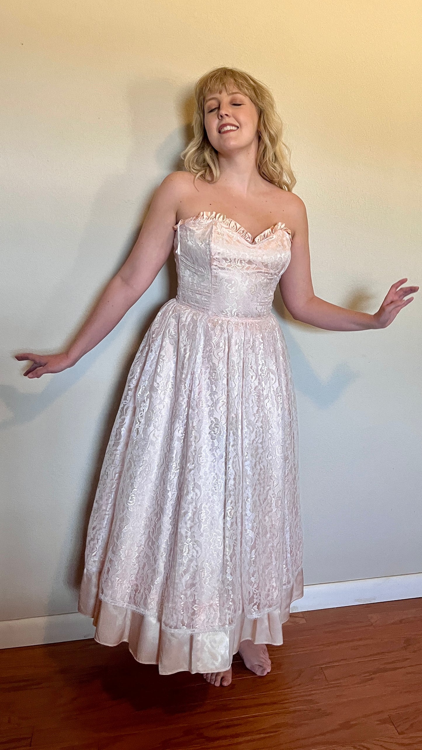 Vintage 1980’s "Gunne Sax by Jessica McClintock" Light Pink Lace & Satin Strapless Tea Length Dress