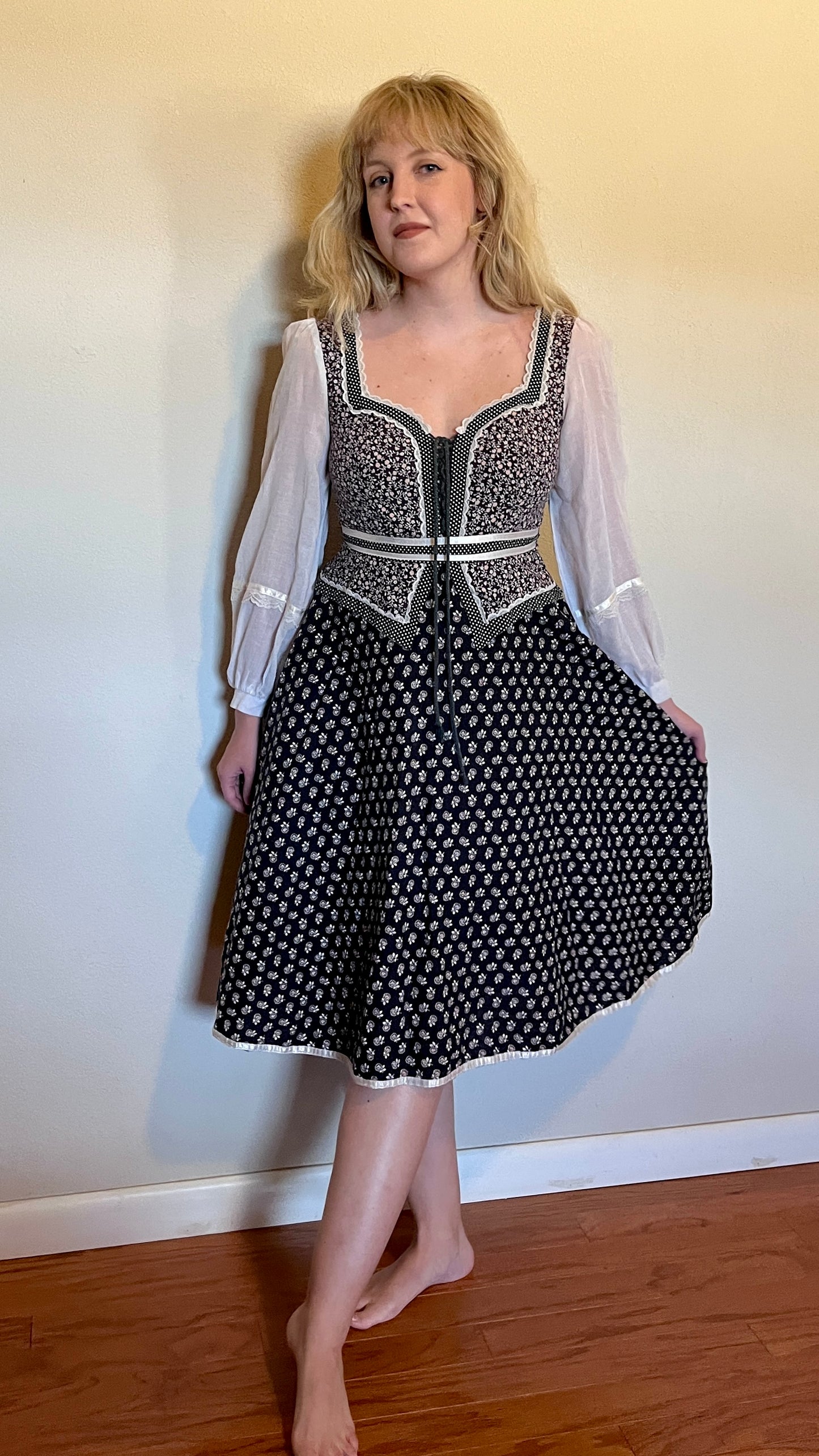 Vintage 1970’s "Gunne Sax by Jessica McClintock" Black & Purple Peplum Midi Dress (Altered)