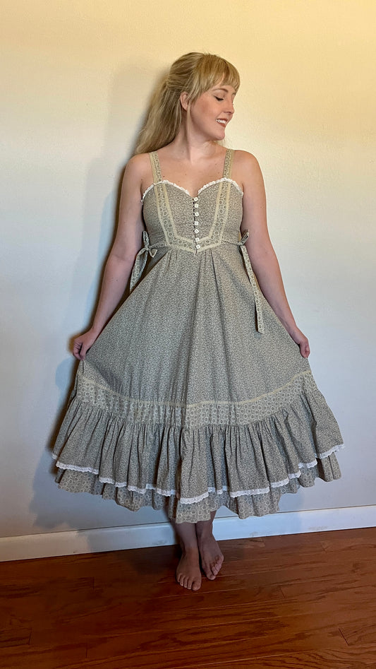 Vintage 1970’s "Gunne Sax by Jessica McClintock" Button-Front Tan & Gold Sundress