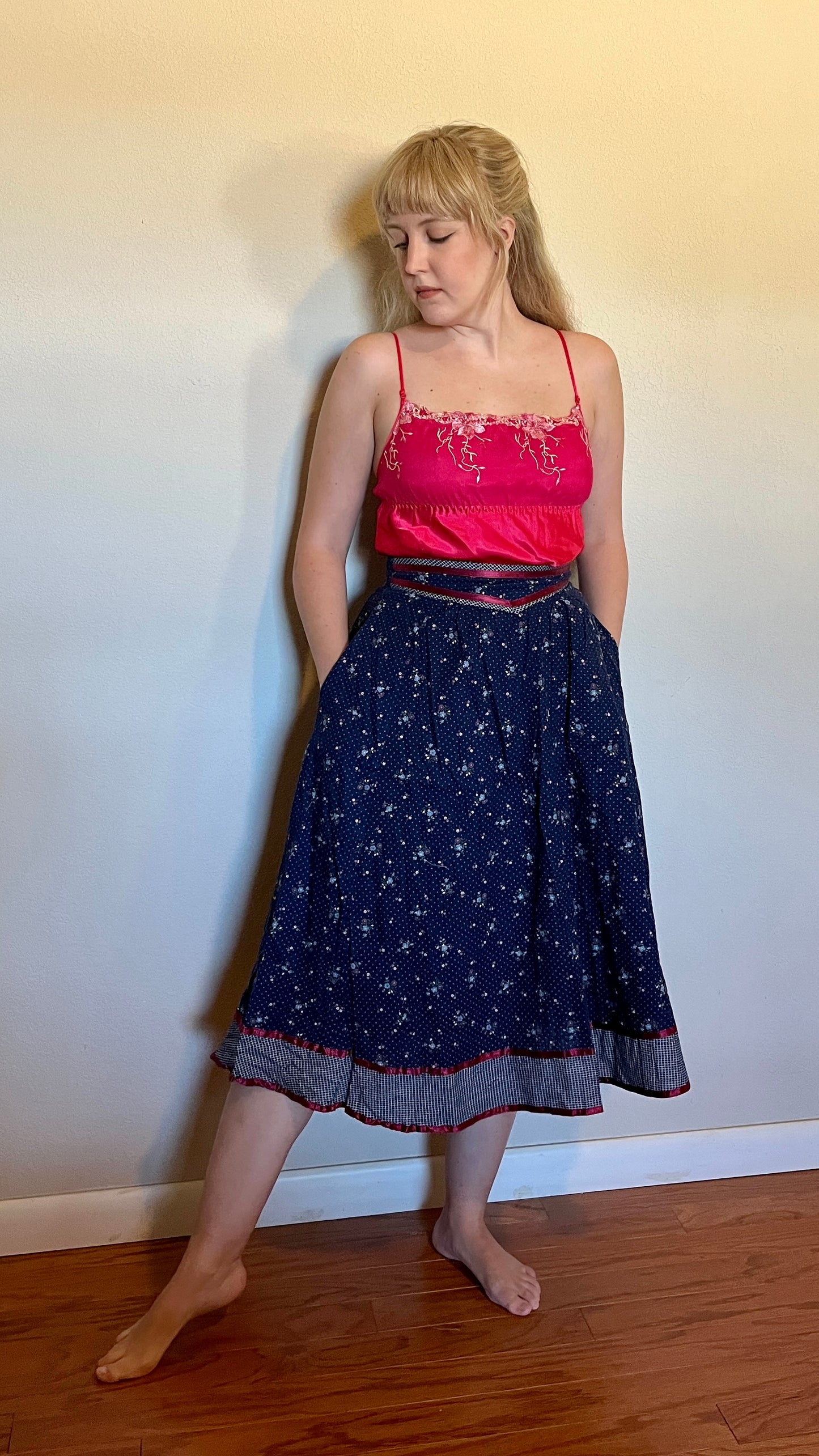 Vintage 1970’s "Gunne Sax by Jessica McClintock" Blue & Red Calico Midi Skirt