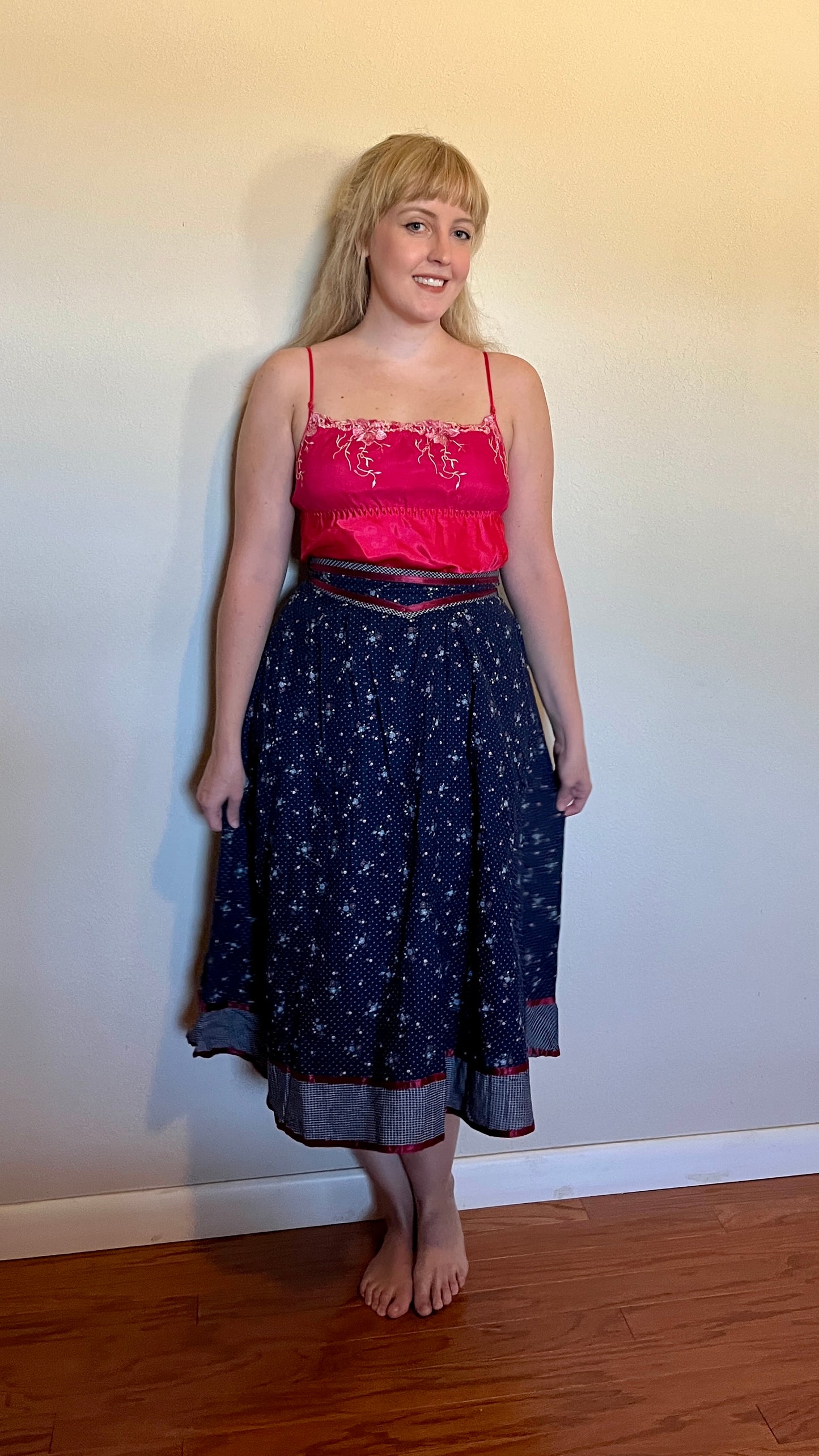 Vintage 1970’s "Gunne Sax by Jessica McClintock" Blue & Red Calico Midi Skirt