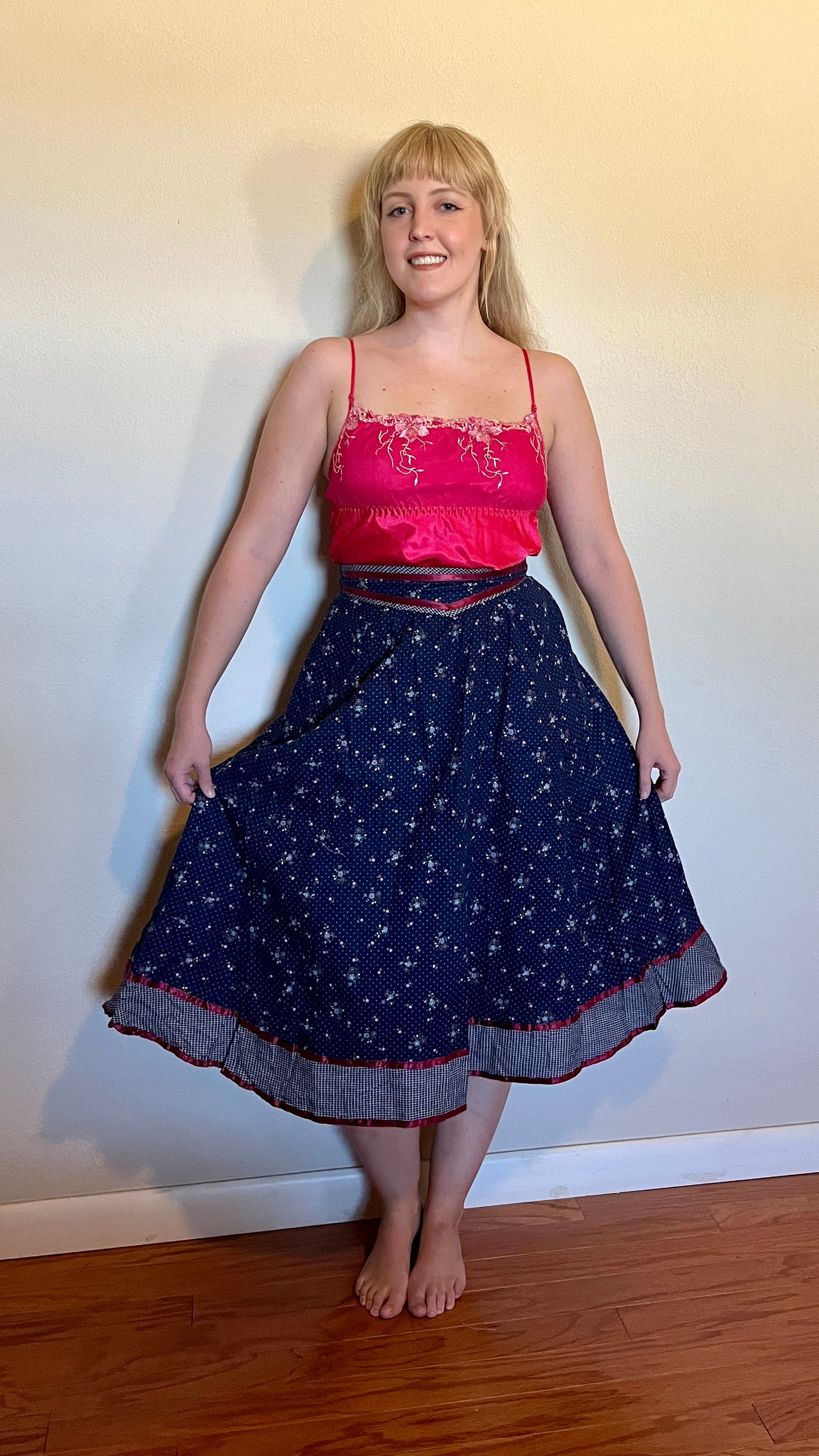 Vintage 1970’s "Gunne Sax by Jessica McClintock" Blue & Red Calico Midi Skirt