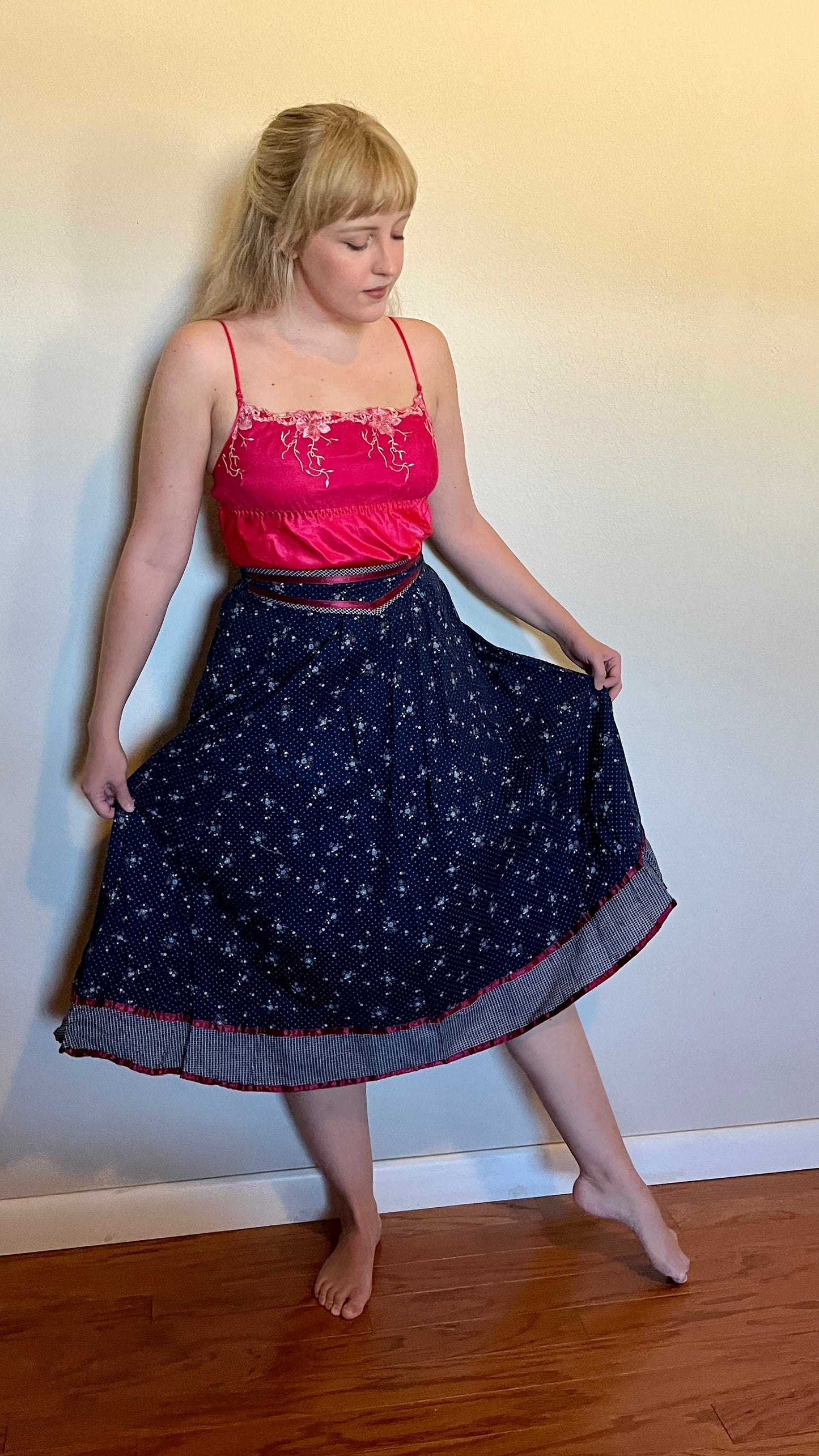 Vintage 1970’s "Gunne Sax by Jessica McClintock" Blue & Red Calico Midi Skirt