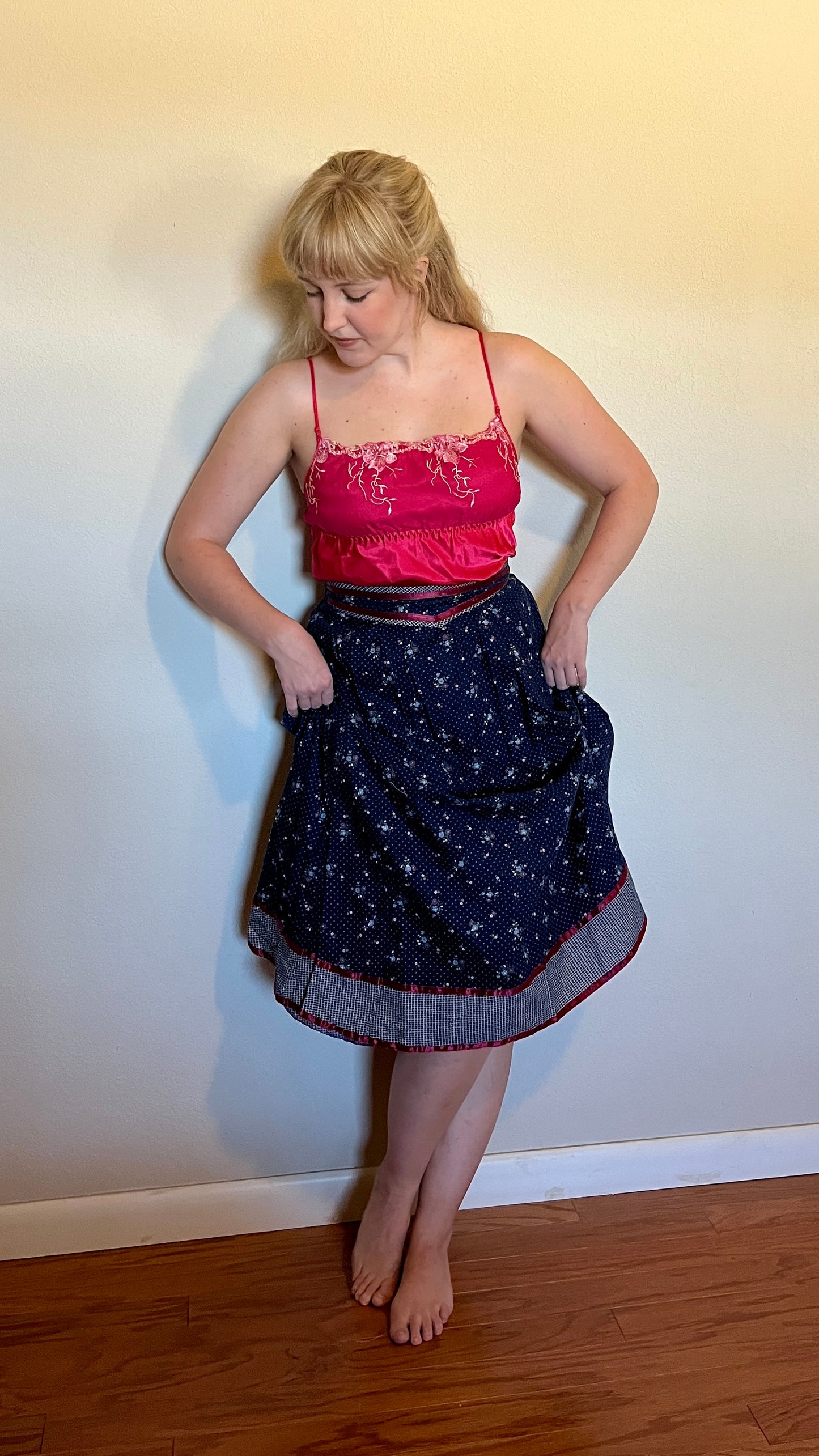 Vintage 1970’s "Gunne Sax by Jessica McClintock" Blue & Red Calico Midi Skirt
