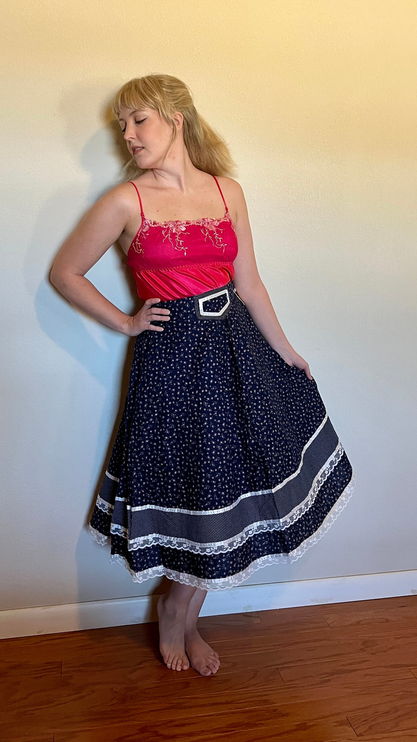 Vintage 1970’s "Gunne Sax by Jessica McClintock" Blue Calico Midi Skirt