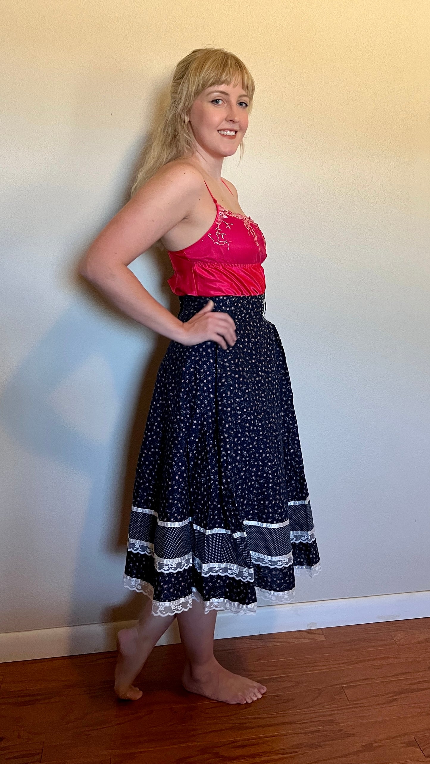 Vintage 1970’s "Gunne Sax by Jessica McClintock" Blue Calico Midi Skirt