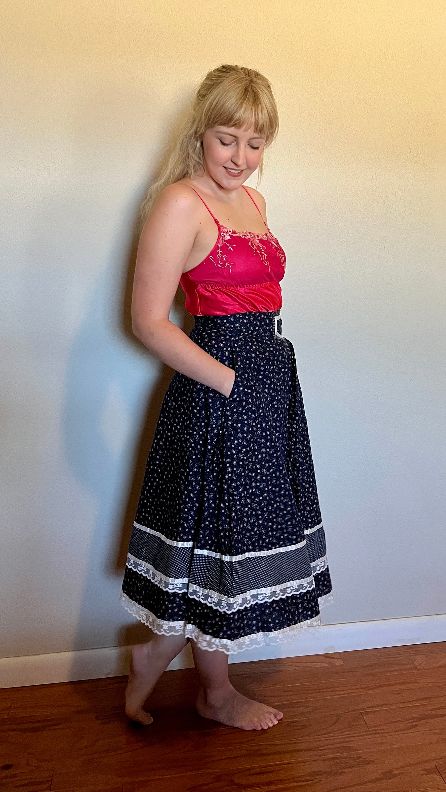 Vintage 1970’s "Gunne Sax by Jessica McClintock" Blue Calico Midi Skirt