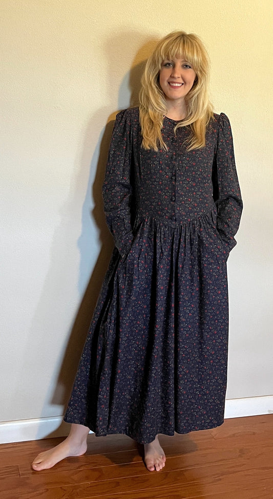 Vintage 1980's "Laura Ashley" Apple-Print Long Sleeve Dress