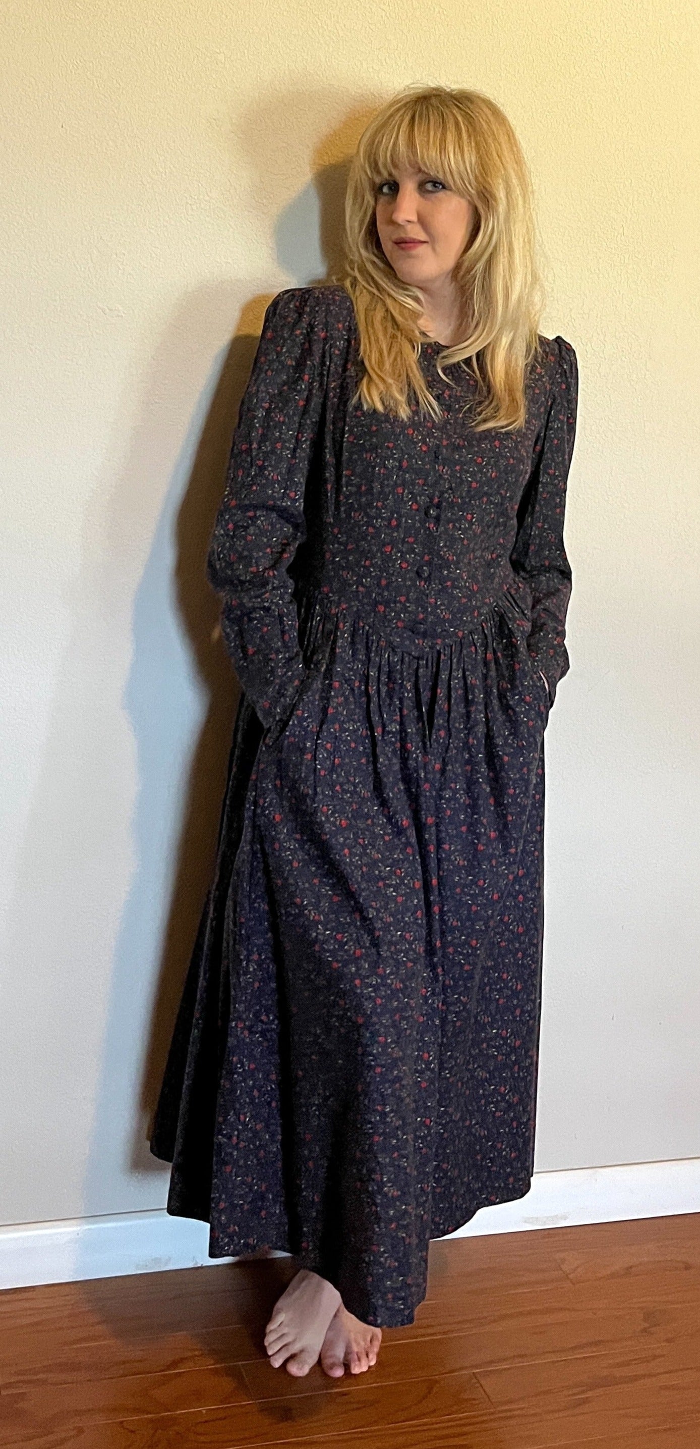 Vintage 1980's "Laura Ashley" Apple-Print Long Sleeve Dress