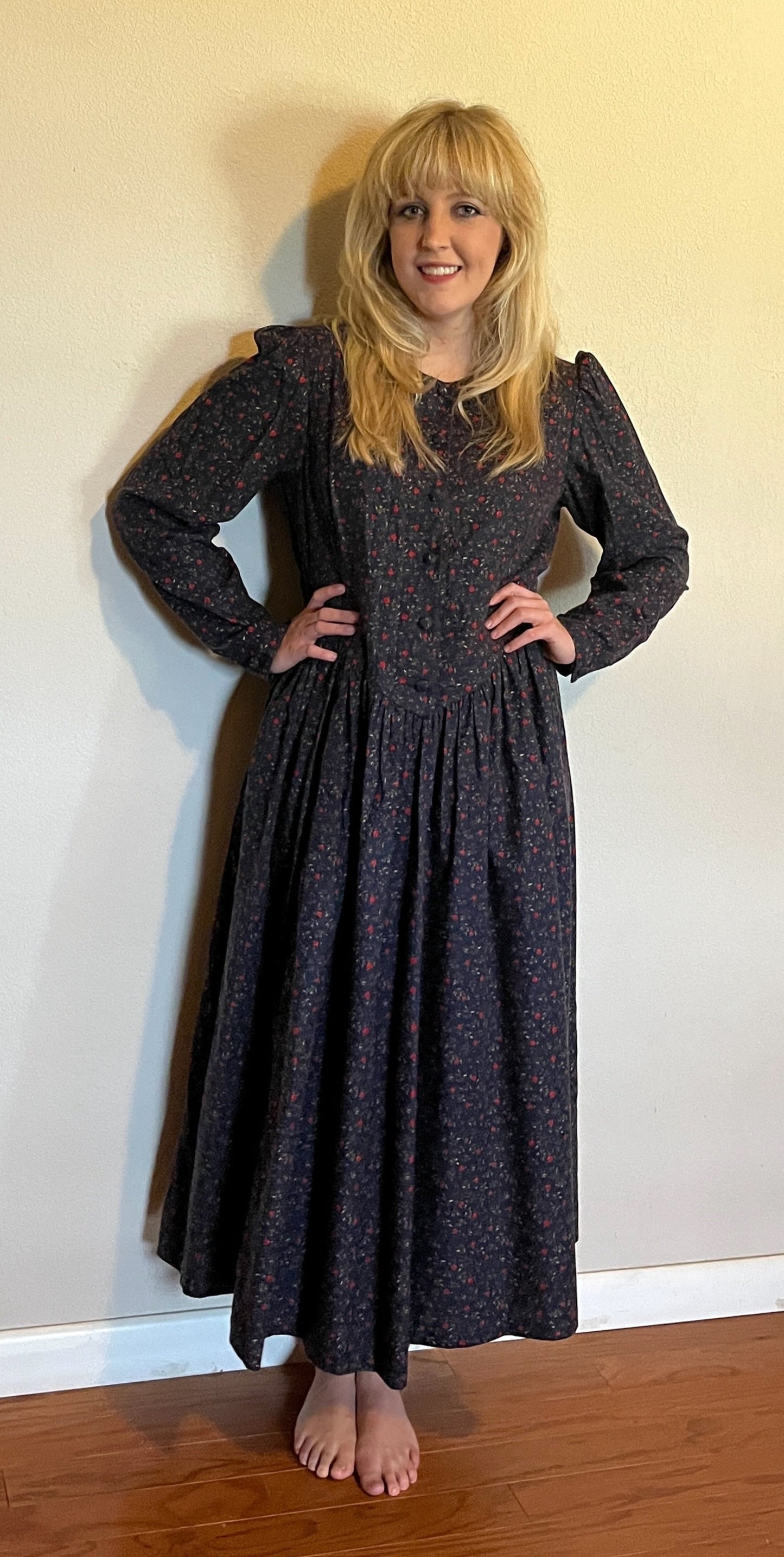 Vintage 1980's "Laura Ashley" Apple-Print Long Sleeve Dress