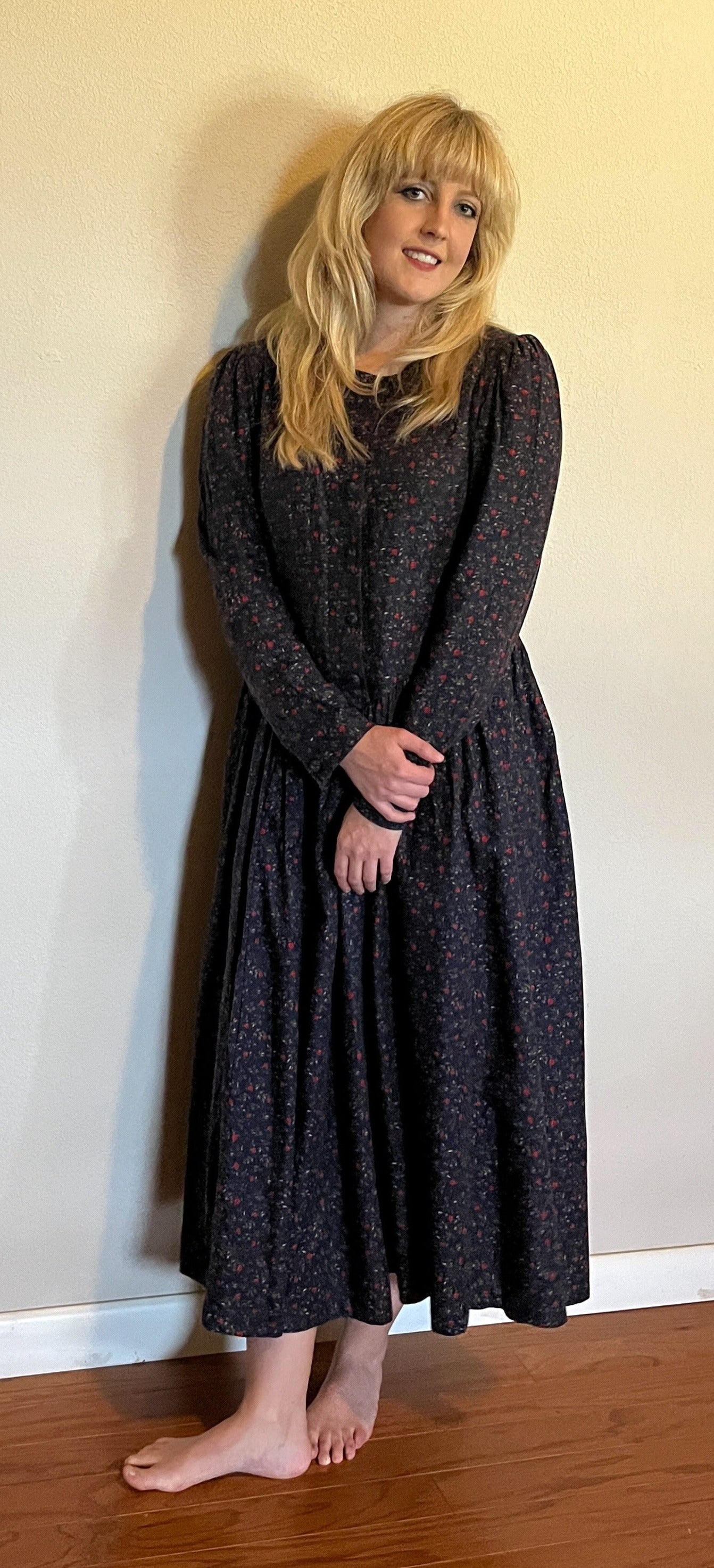 Vintage 1980's "Laura Ashley" Apple-Print Long Sleeve Dress