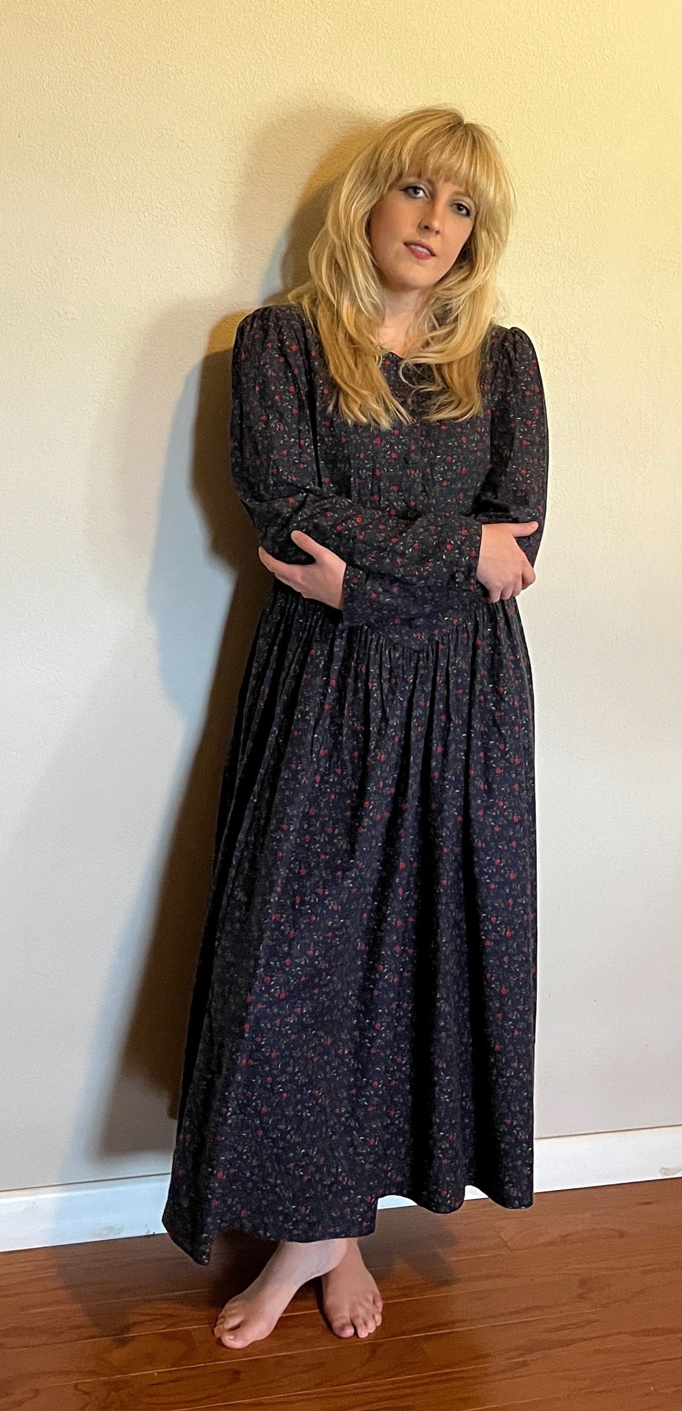 Vintage 1980's "Laura Ashley" Apple-Print Long Sleeve Dress
