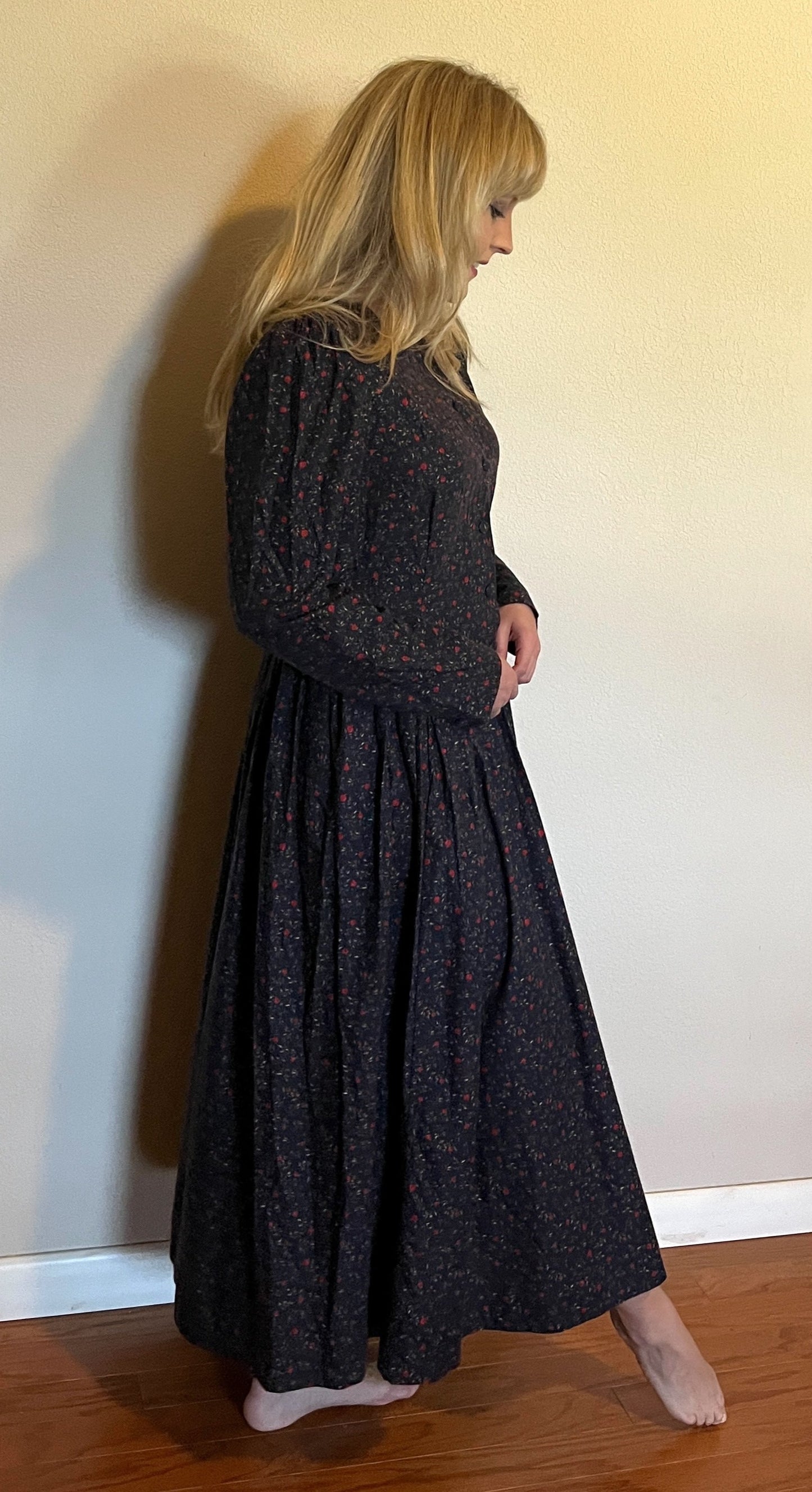 Vintage 1980's "Laura Ashley" Apple-Print Long Sleeve Dress