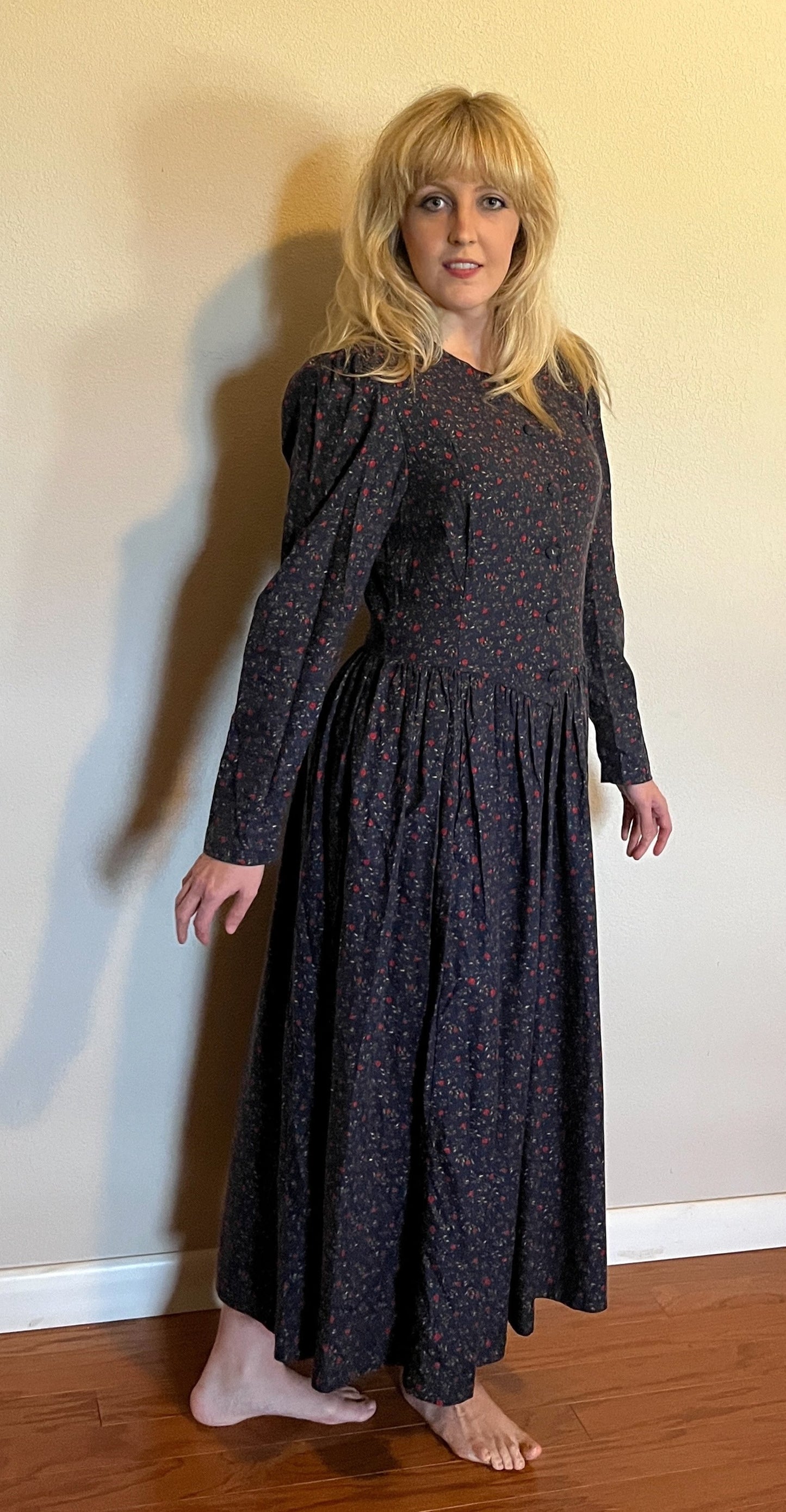 Vintage 1980's "Laura Ashley" Apple-Print Long Sleeve Dress