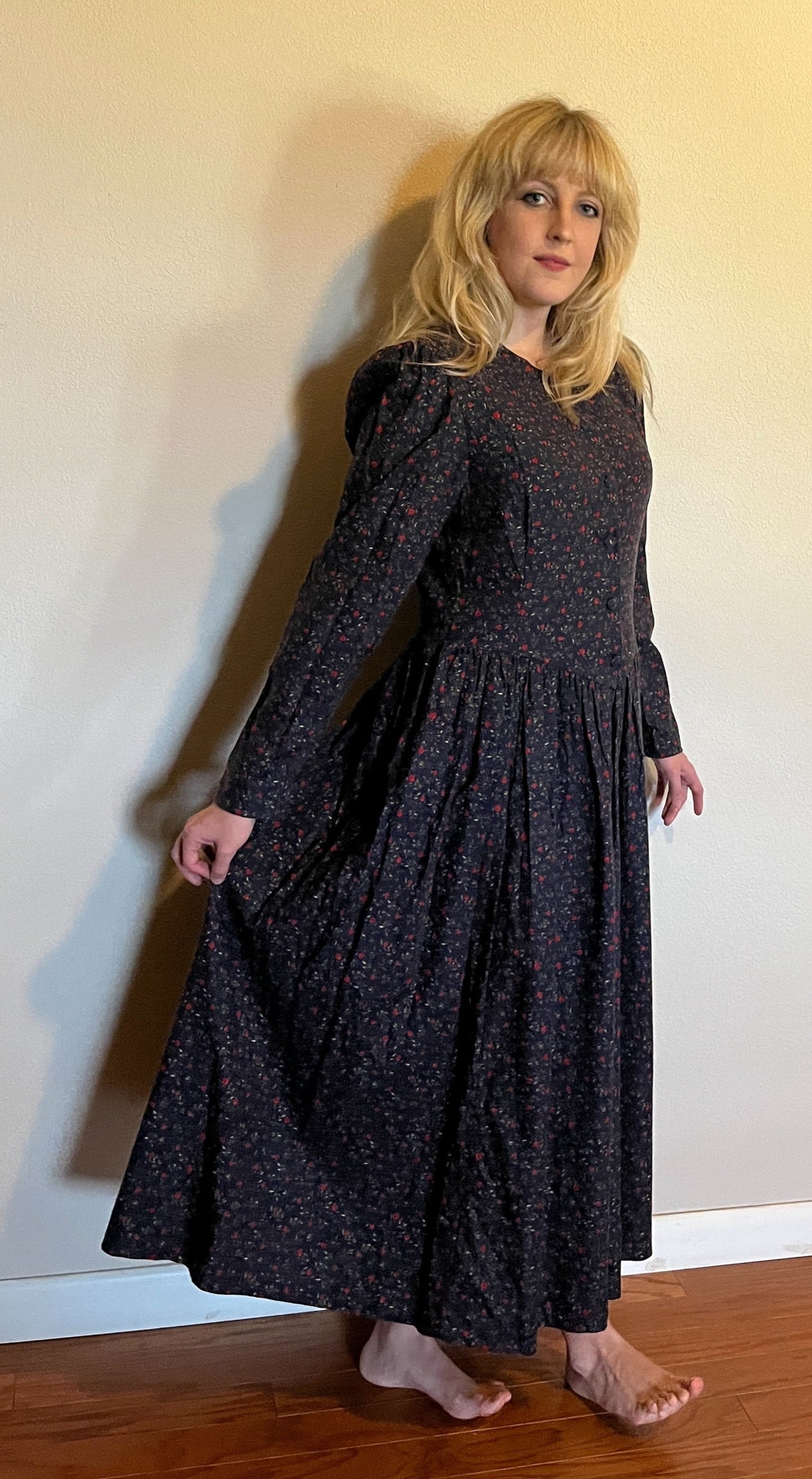 Vintage 1980's "Laura Ashley" Apple-Print Long Sleeve Dress