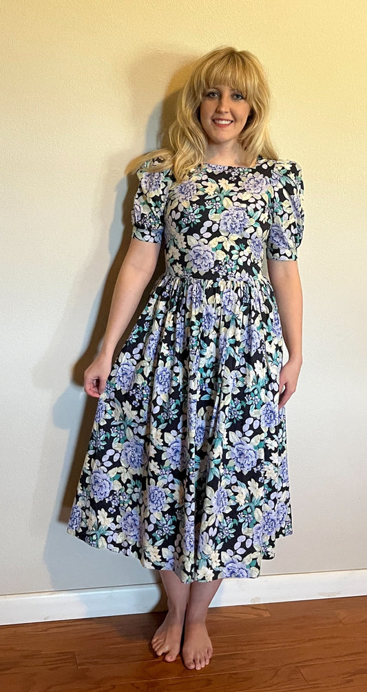 Vintage 1980's "Laura Ashley" Blue, Yellow, & Black Floral Dress