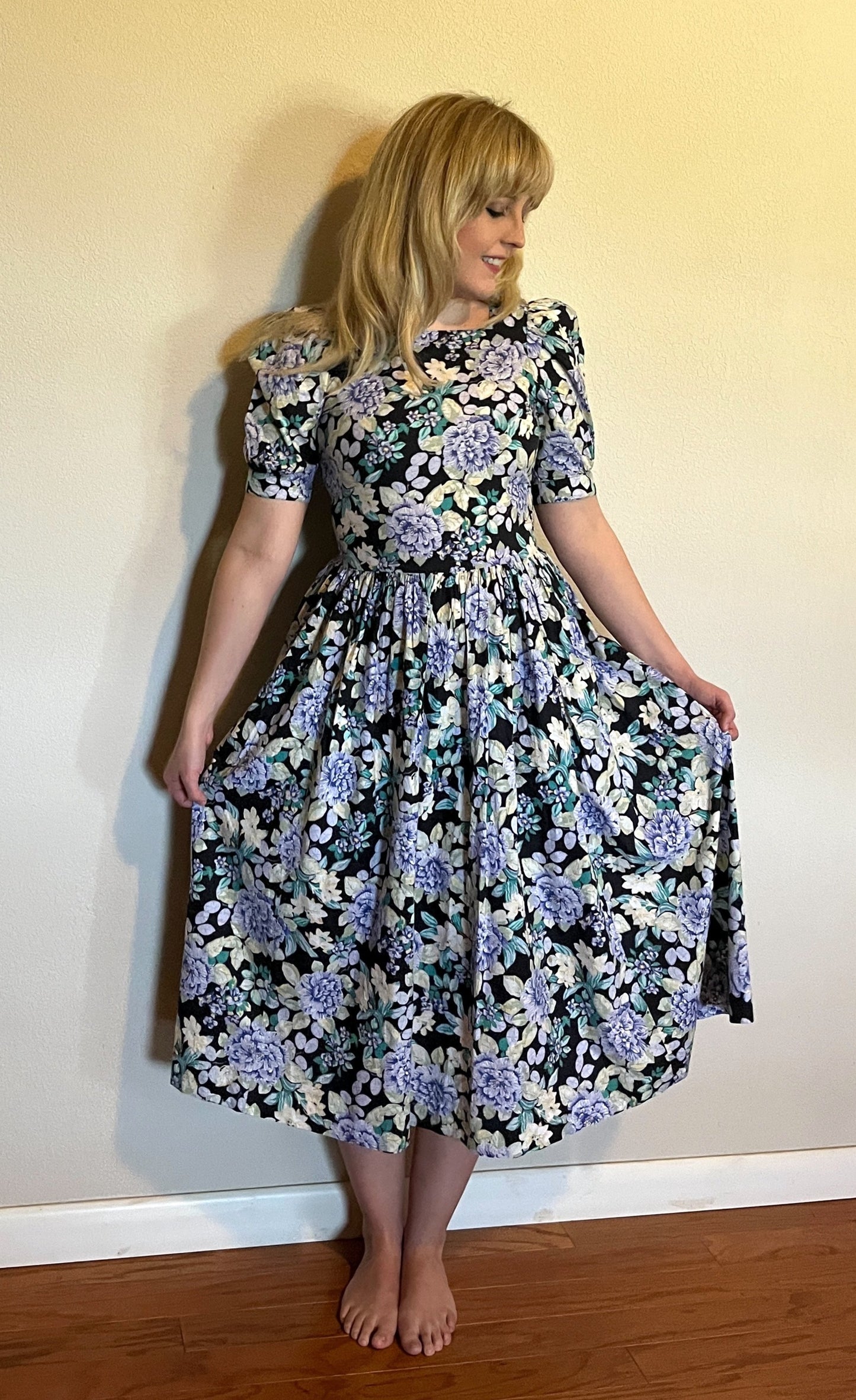 Vintage 1980's "Laura Ashley" Blue, Yellow, & Black Floral Dress
