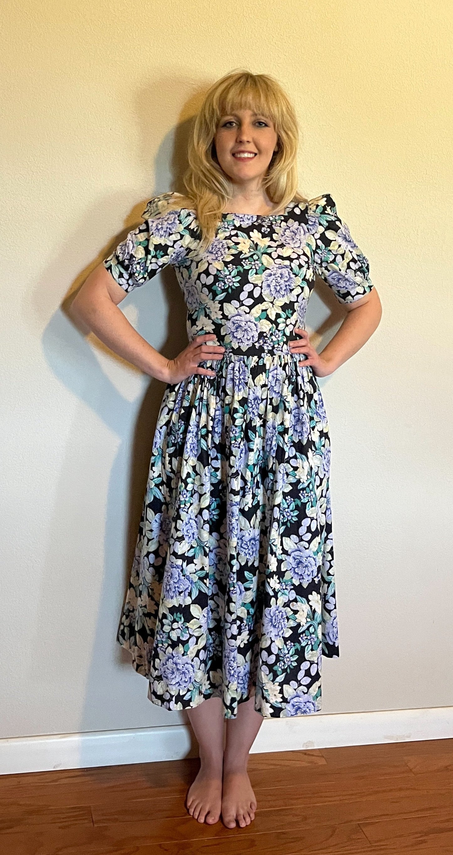 Vintage 1980's "Laura Ashley" Blue, Yellow, & Black Floral Dress