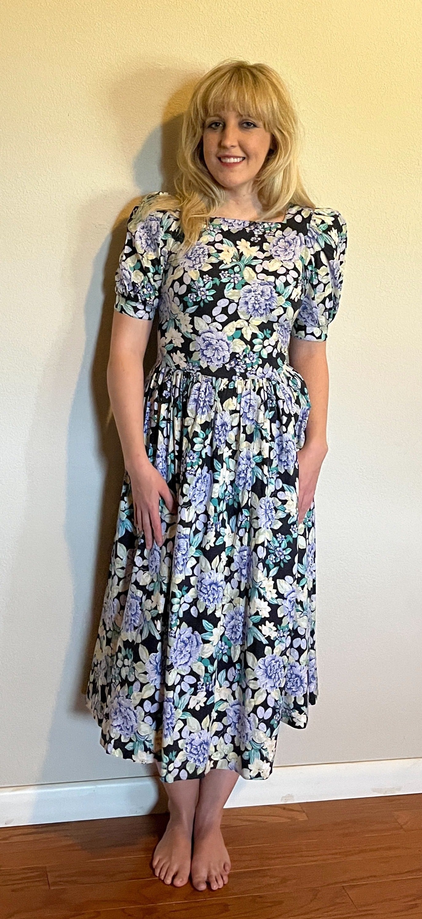 Vintage 1980's "Laura Ashley" Blue, Yellow, & Black Floral Dress