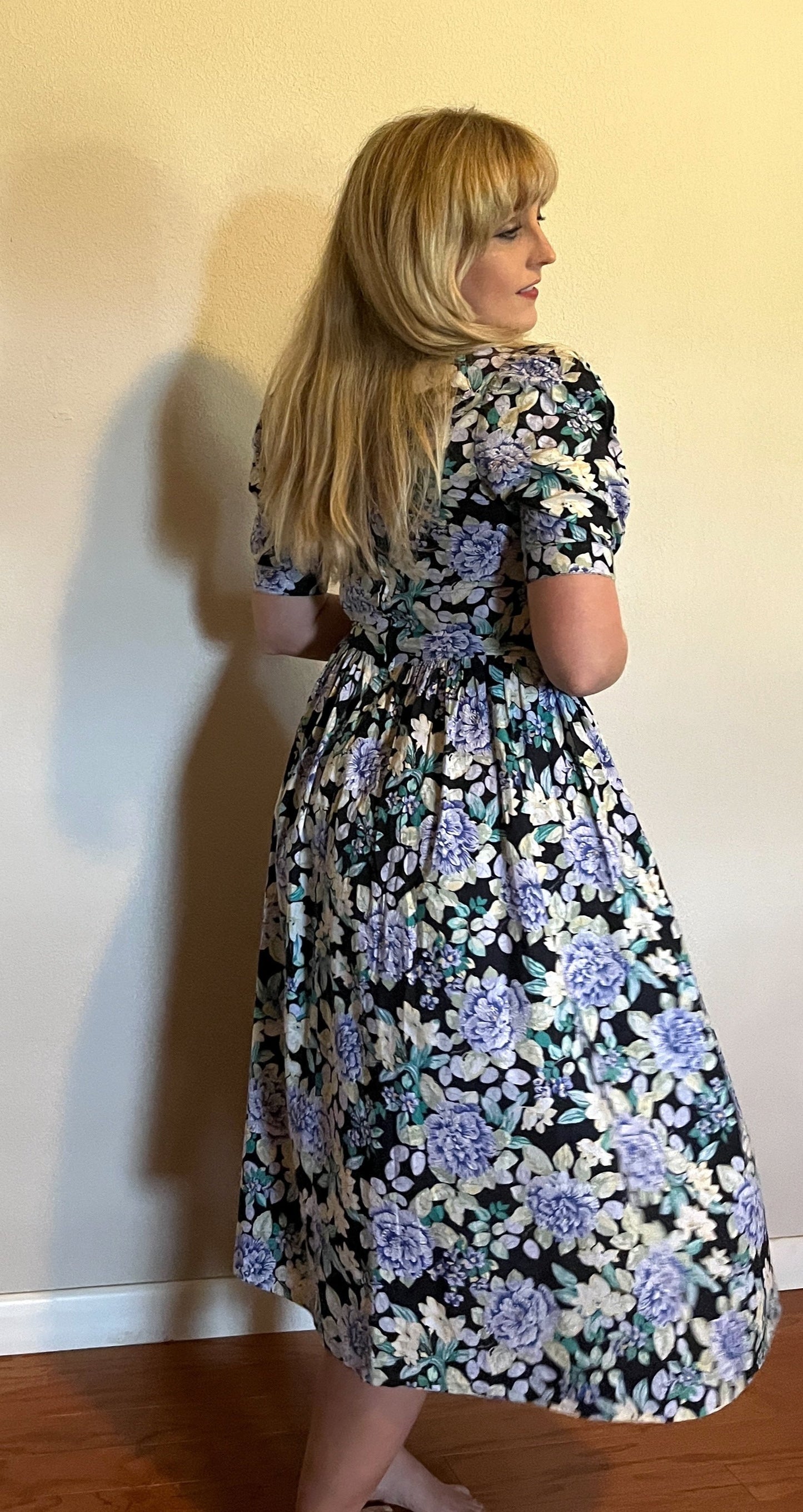 Vintage 1980's "Laura Ashley" Blue, Yellow, & Black Floral Dress